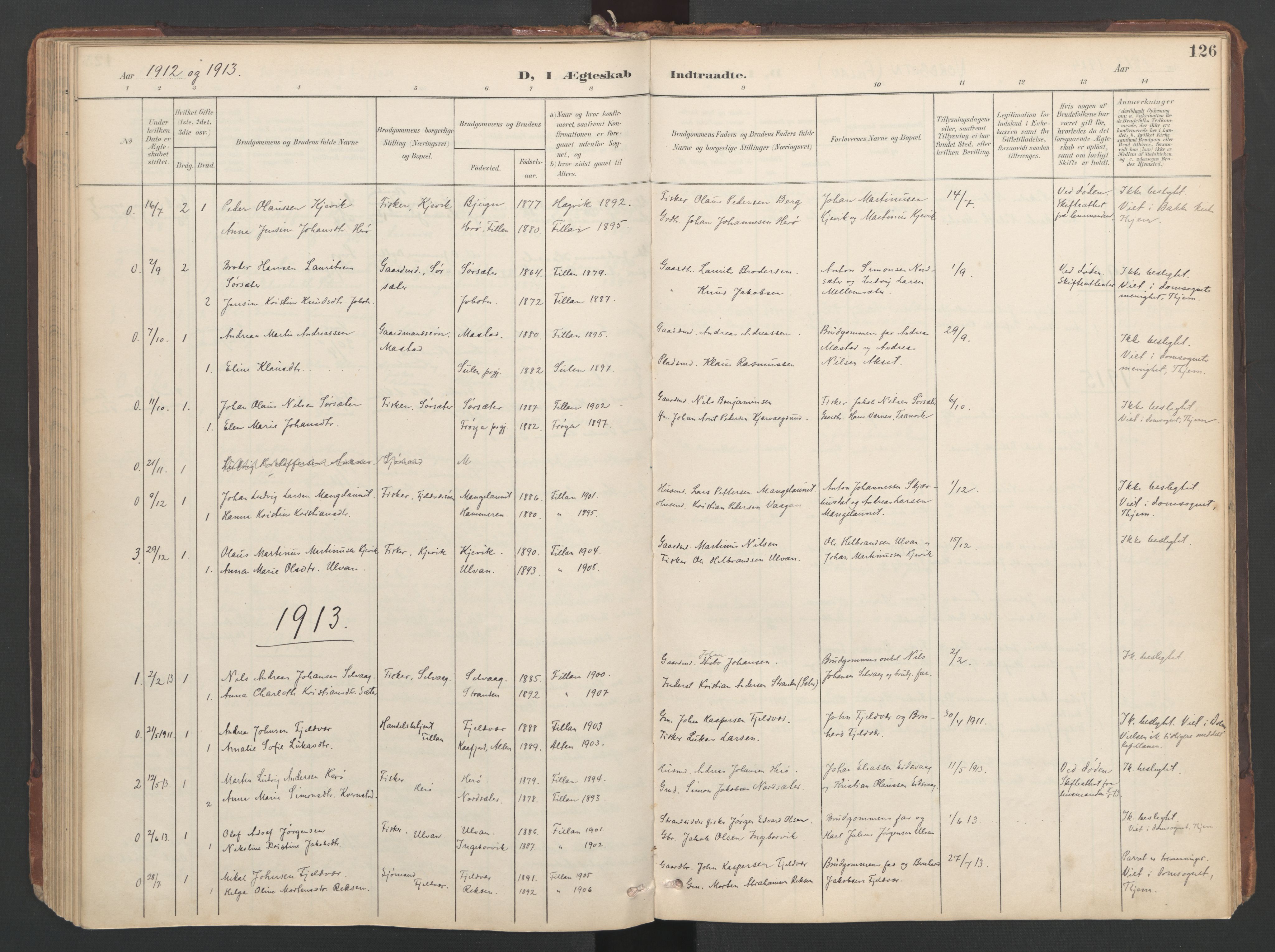 Ministerialprotokoller, klokkerbøker og fødselsregistre - Sør-Trøndelag, SAT/A-1456/638/L0568: Parish register (official) no. 638A01, 1901-1916, p. 126