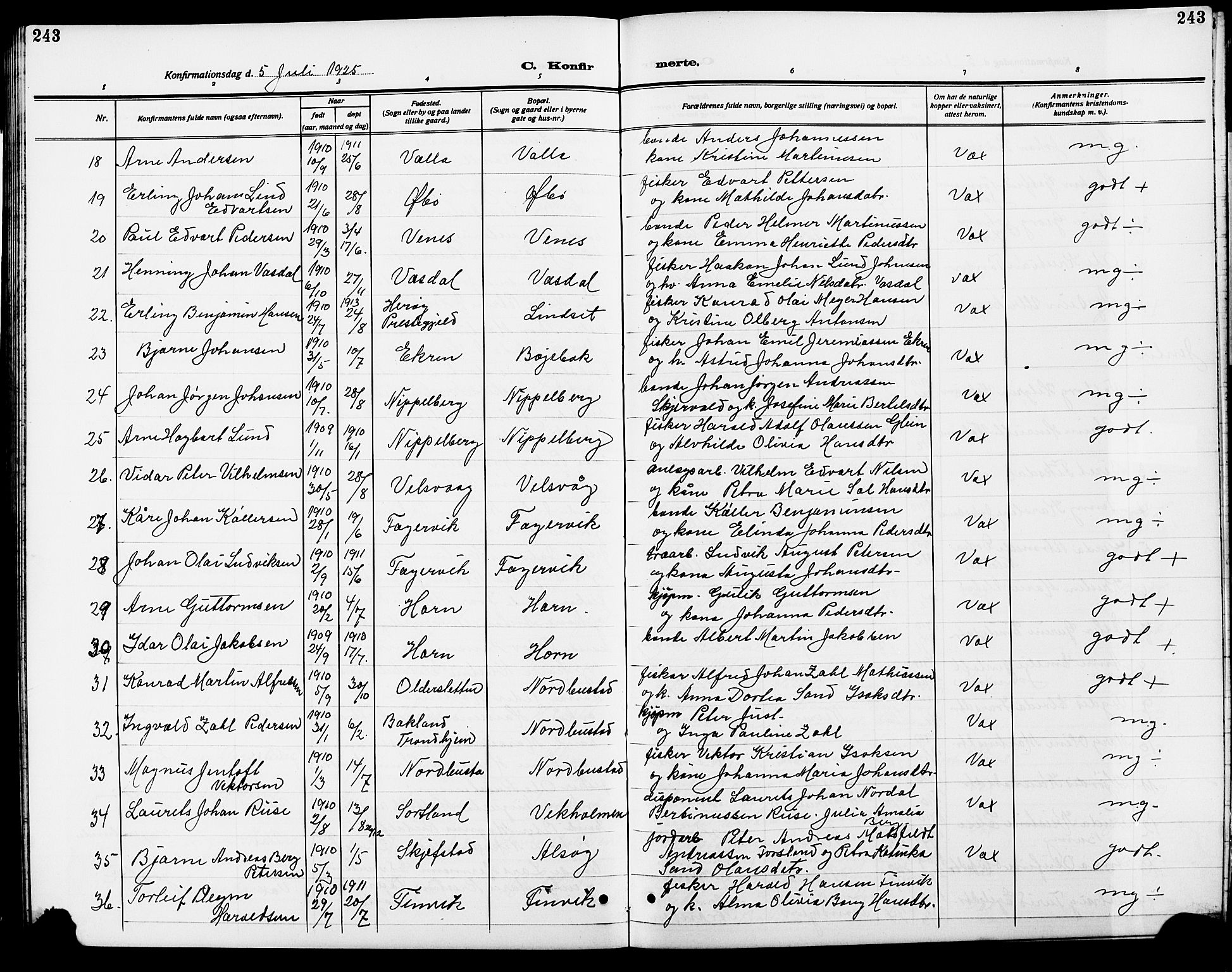 Ministerialprotokoller, klokkerbøker og fødselsregistre - Nordland, AV/SAT-A-1459/838/L0560: Parish register (copy) no. 838C07, 1910-1928, p. 243