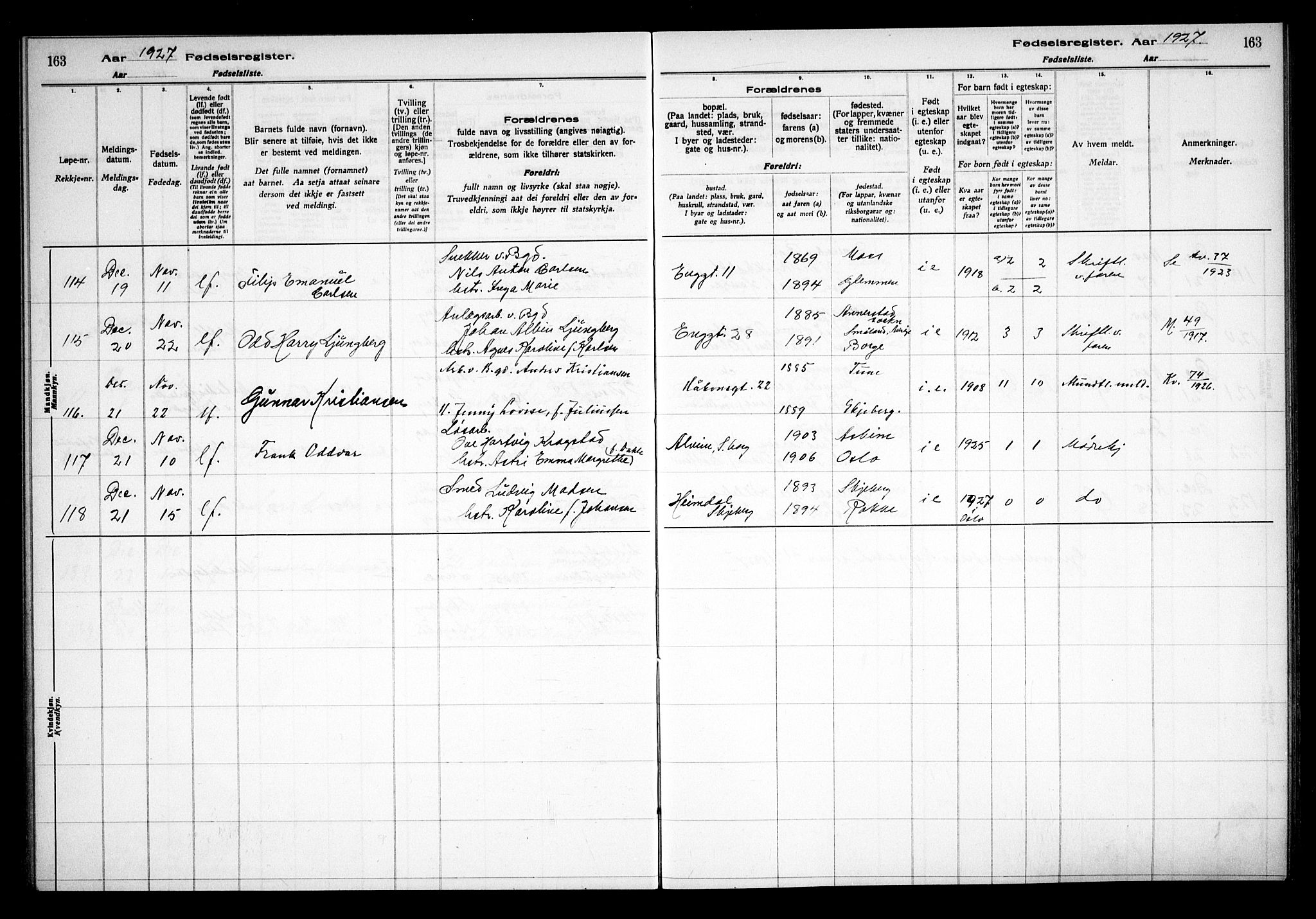 Sarpsborg prestekontor Kirkebøker, AV/SAO-A-2006/J/Ja/L0002: Birth register no. 2, 1922-1928, p. 163