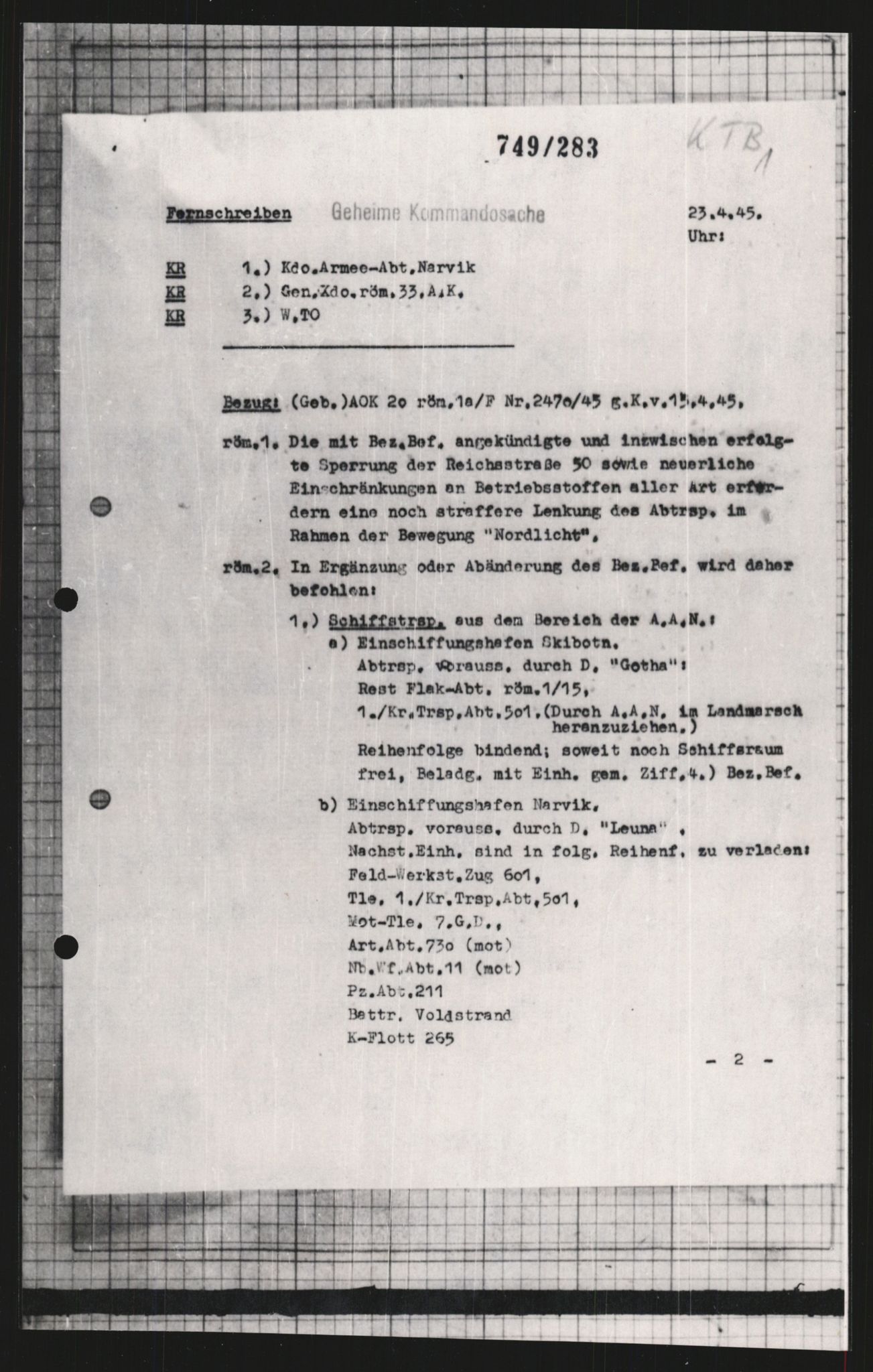 Forsvarets Overkommando. 2 kontor. Arkiv 11.4. Spredte tyske arkivsaker, AV/RA-RAFA-7031/D/Dar/Dara/L0009: Krigsdagbøker for 20. Gebirgs-Armee-Oberkommando (AOK 20), 1940-1945, p. 419