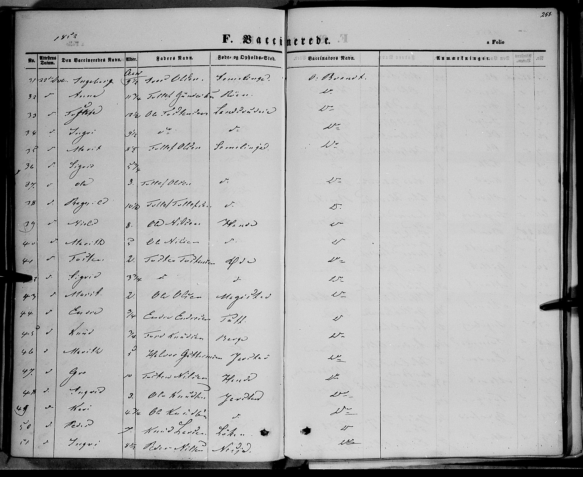 Vestre Slidre prestekontor, SAH/PREST-136/H/Ha/Haa/L0001: Parish register (official) no. 1, 1844-1855, p. 258
