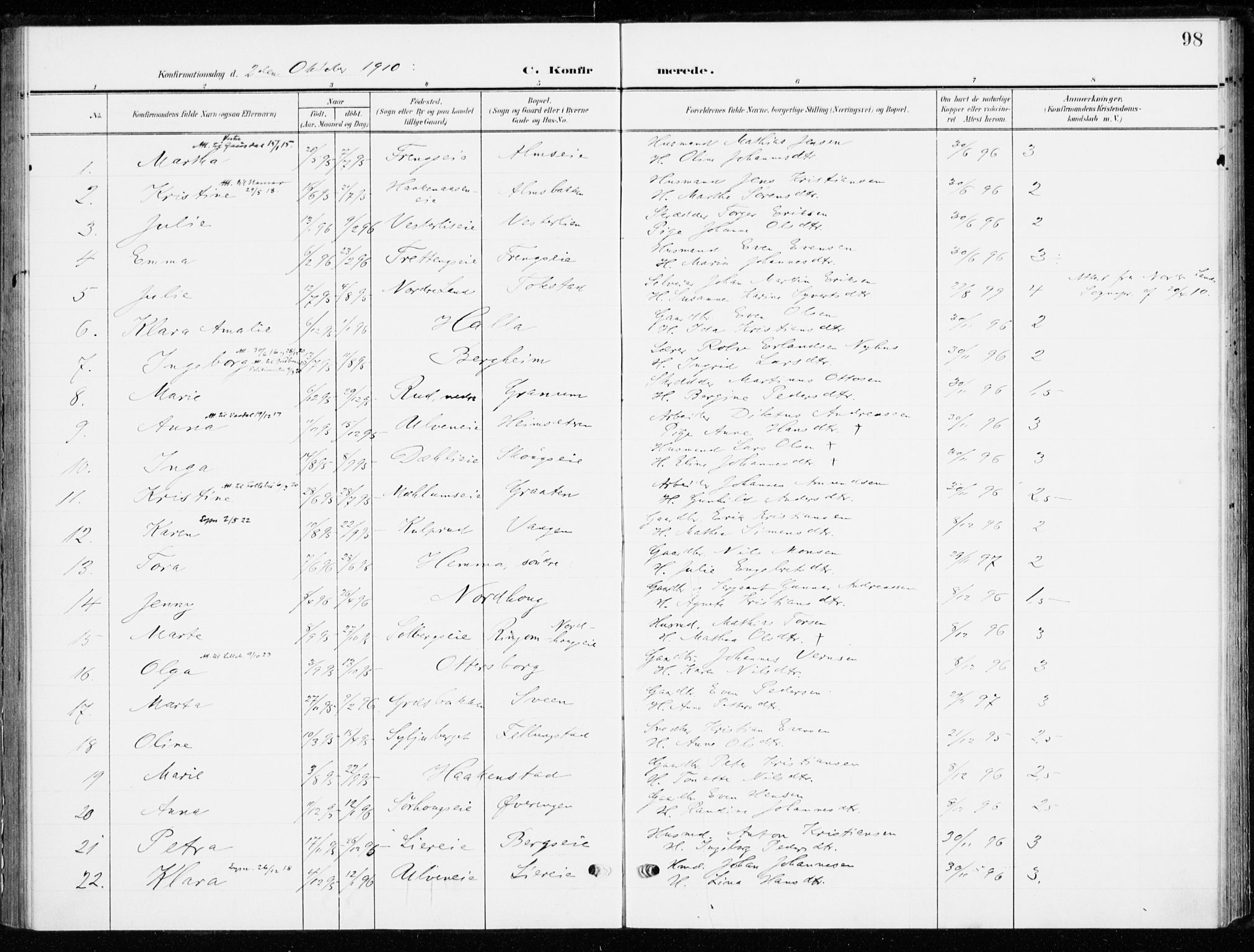 Ringsaker prestekontor, SAH/PREST-014/K/Ka/L0021: Parish register (official) no. 21, 1905-1920, p. 98