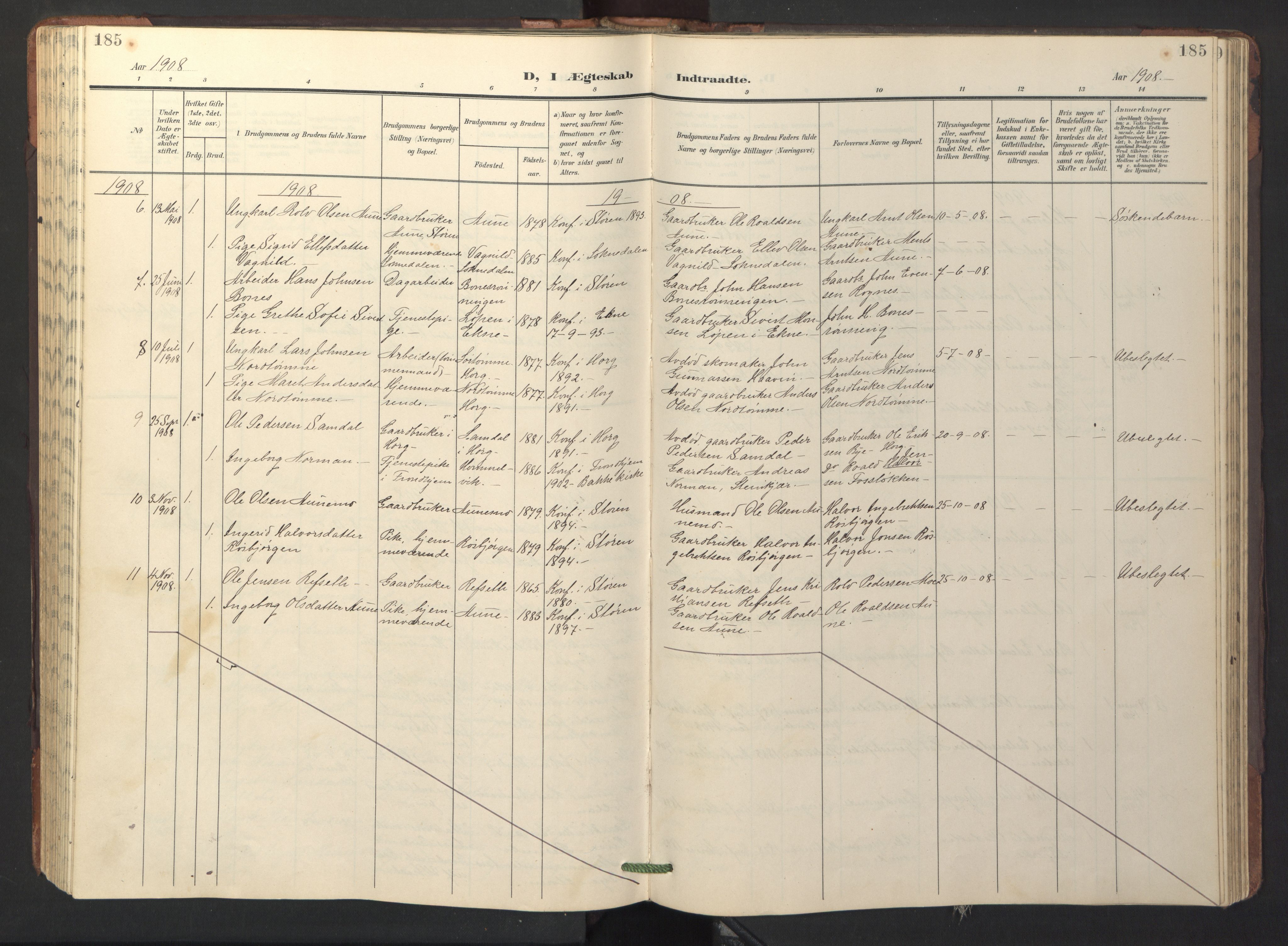 Ministerialprotokoller, klokkerbøker og fødselsregistre - Sør-Trøndelag, SAT/A-1456/687/L1019: Parish register (copy) no. 687C03, 1904-1931, p. 185