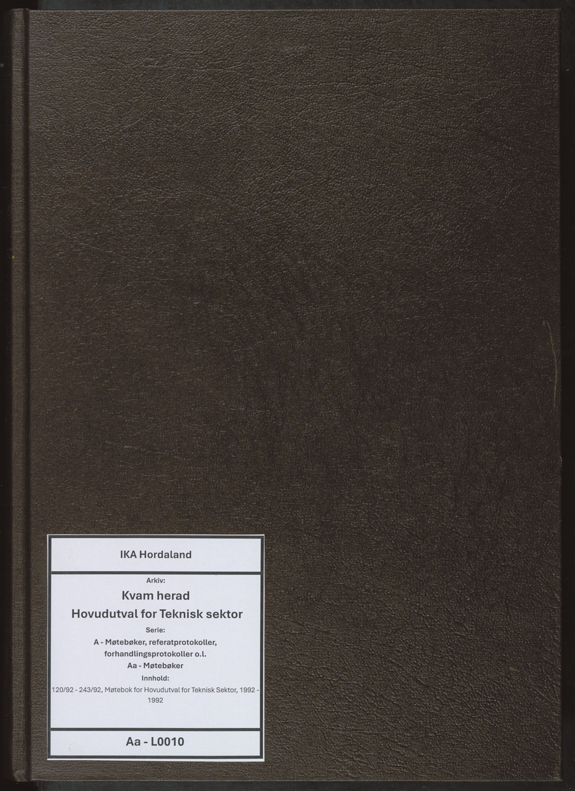Kvam herad. Hovudutval for Teknisk sektor, IKAH/1238-513.1/A/Aa/L0010: Møtebok for Hovudutval for Teknisk Sektor, 1992
