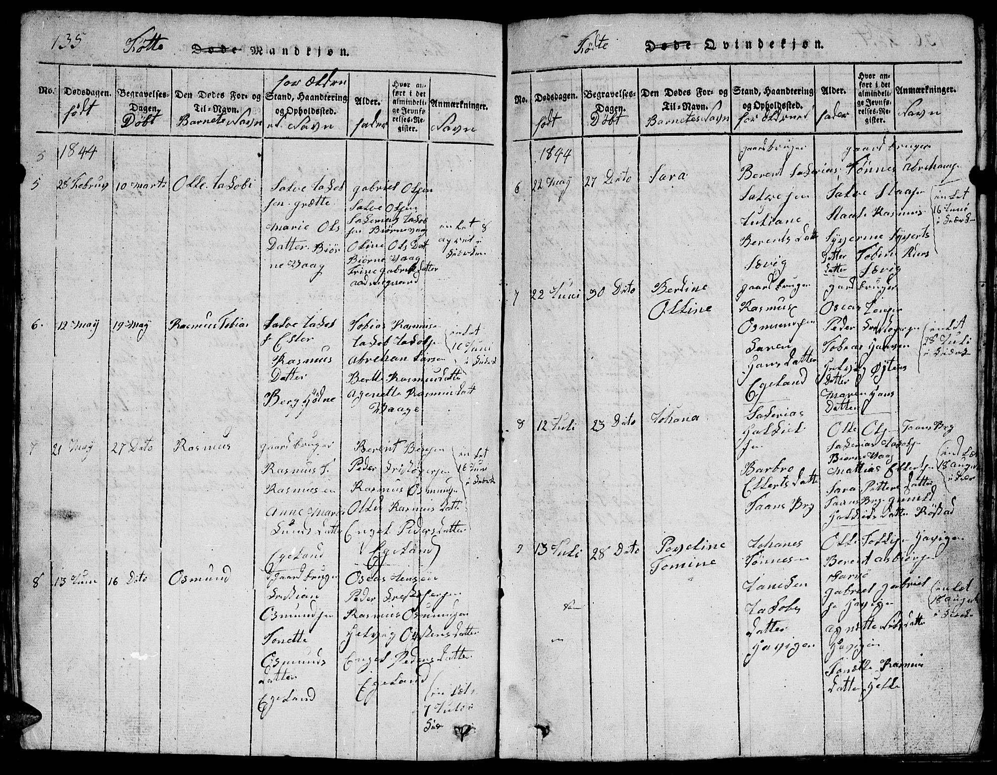 Herad sokneprestkontor, AV/SAK-1111-0018/F/Fb/Fbb/L0001: Parish register (copy) no. B 1, 1815-1852, p. 135