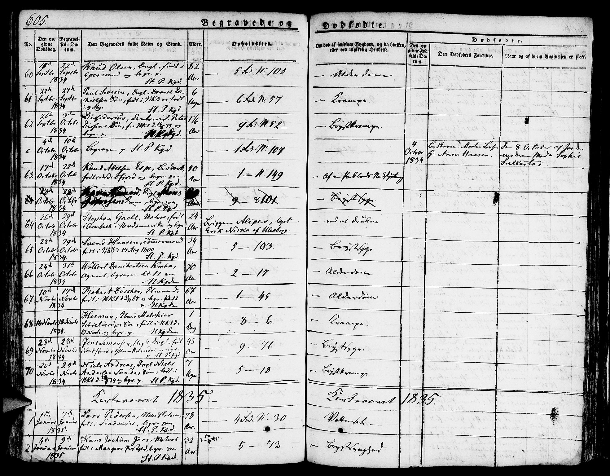 Nykirken Sokneprestembete, SAB/A-77101/H/Hab: Parish register (copy) no. A 5II, 1821-1843, p. 605