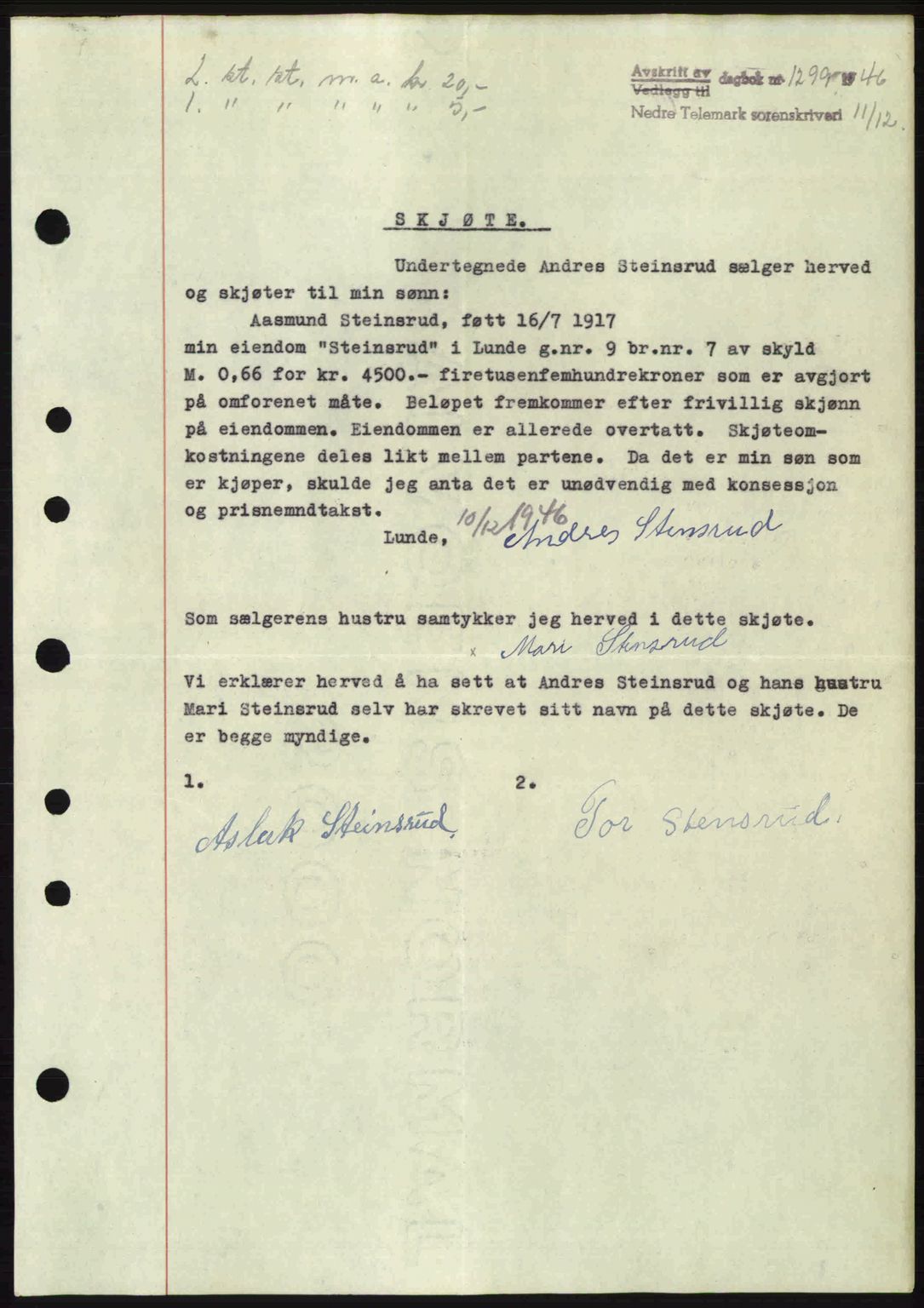 Nedre Telemark sorenskriveri, AV/SAKO-A-135/G/Ga/Gaa/L0057: Mortgage book no. A-57, 1946-1947, Diary no: : 1299/1946