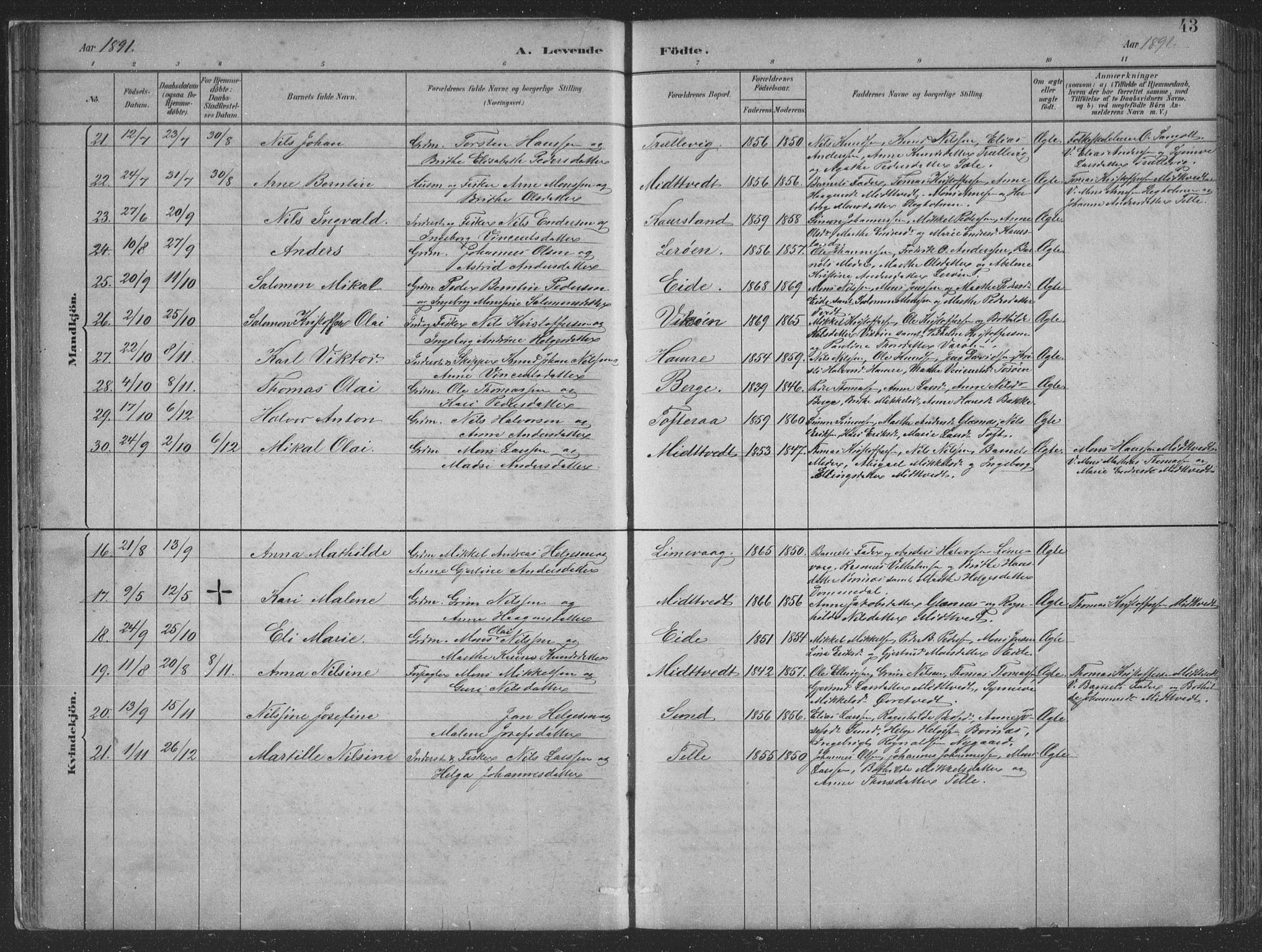 Sund sokneprestembete, AV/SAB-A-99930: Parish register (copy) no. B 3, 1882-1911, p. 43