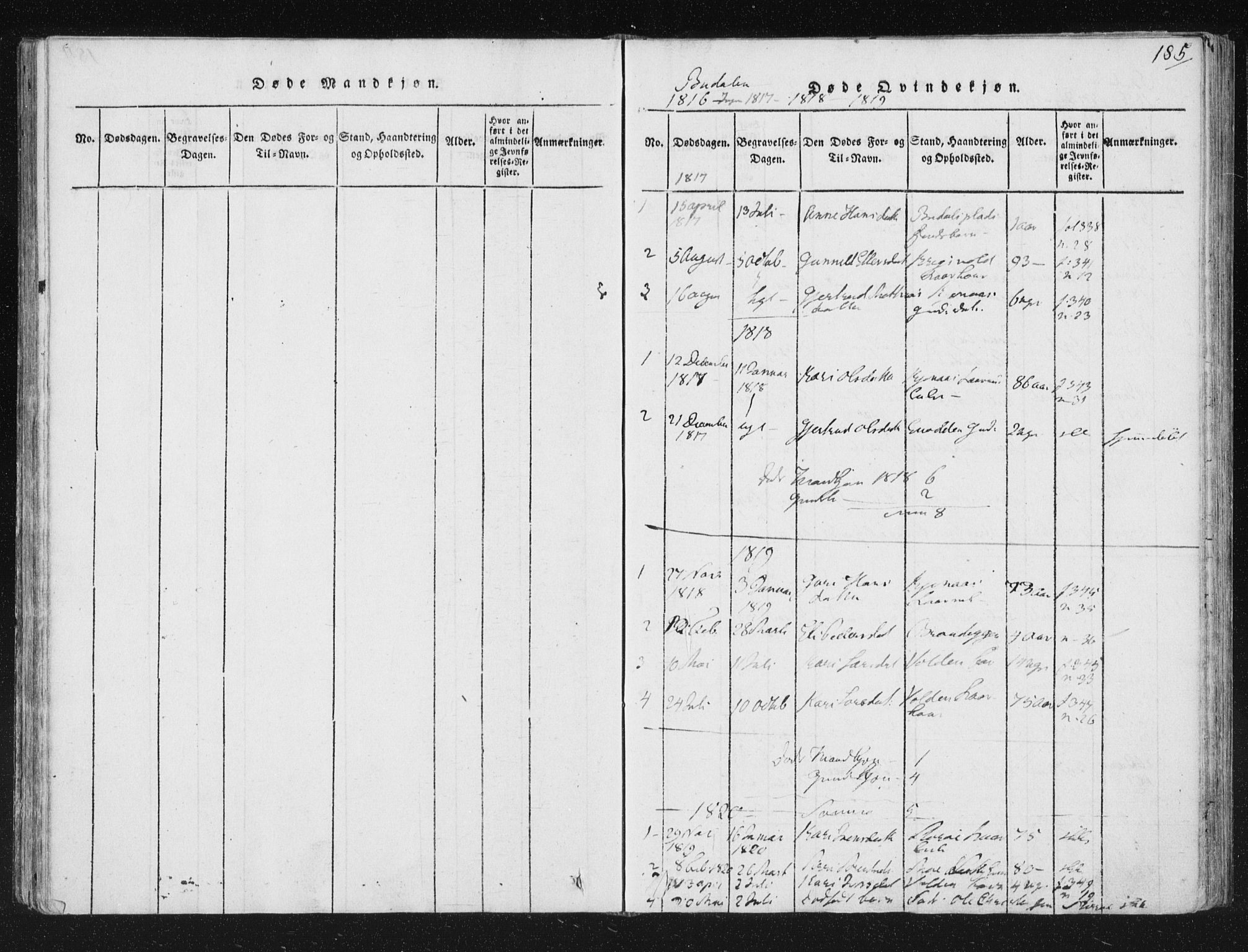 Ministerialprotokoller, klokkerbøker og fødselsregistre - Sør-Trøndelag, AV/SAT-A-1456/687/L0996: Parish register (official) no. 687A04, 1816-1842, p. 185