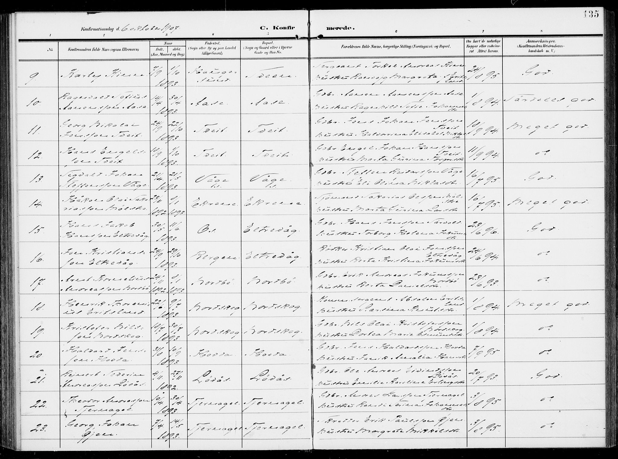 Sveio Sokneprestembete, SAB/A-78501/H/Haa: Parish register (official) no. B  4, 1906-1919, p. 135