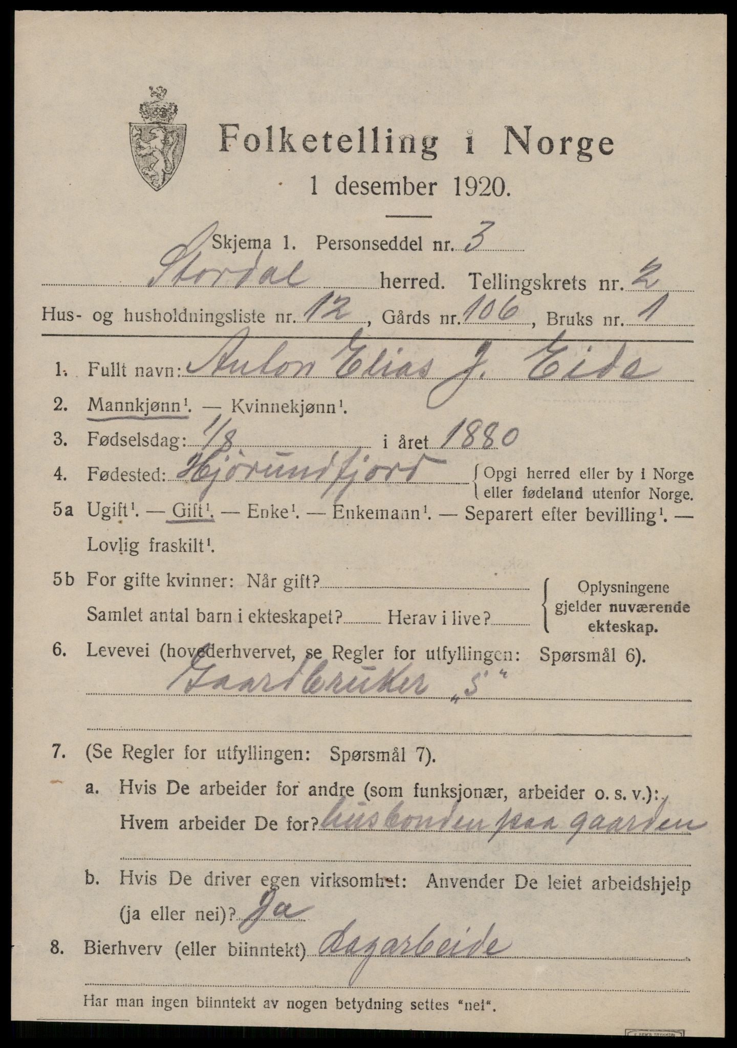 SAT, 1920 census for Stordal, 1920, p. 836