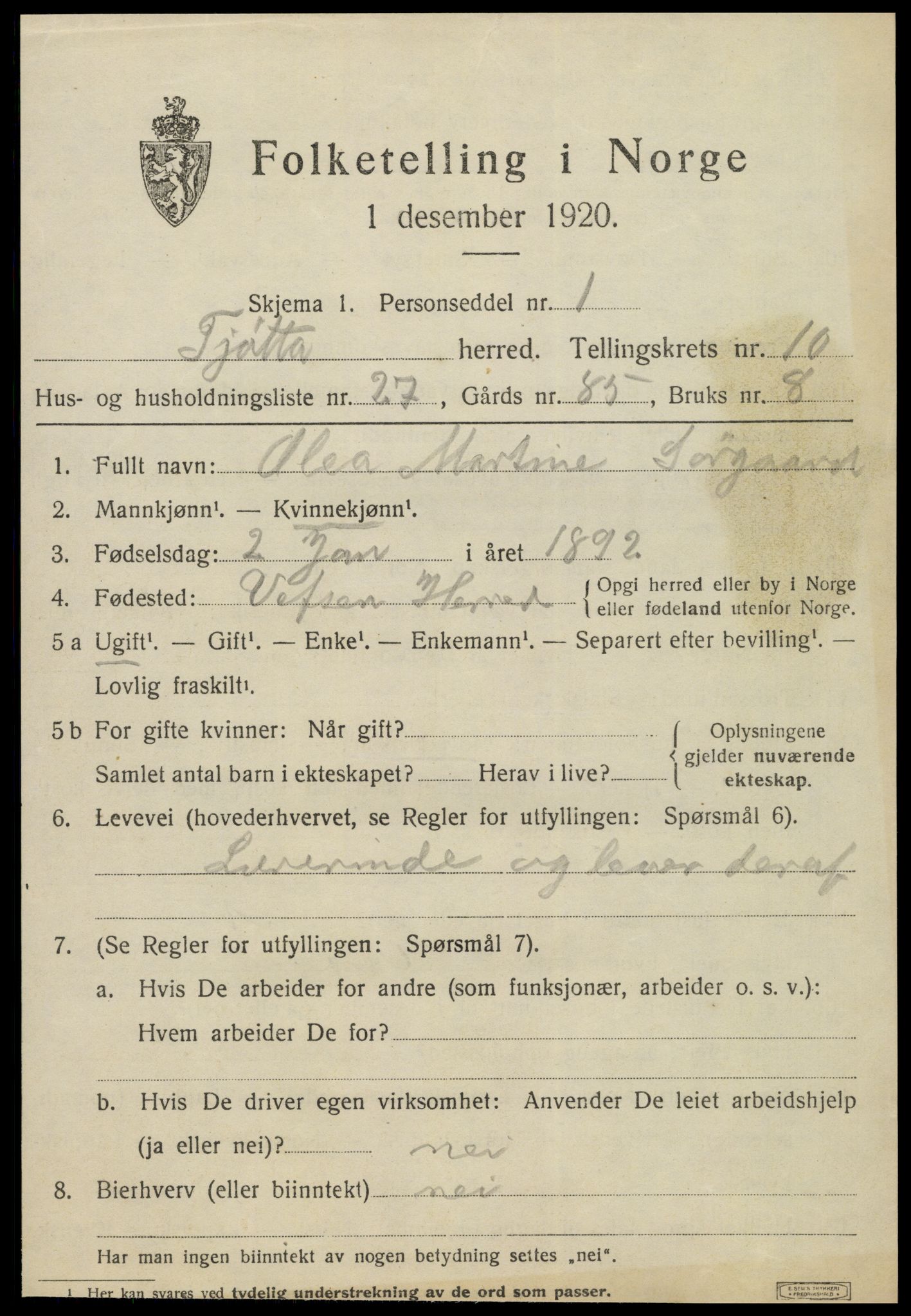 SAT, 1920 census for Tjøtta, 1920, p. 4337