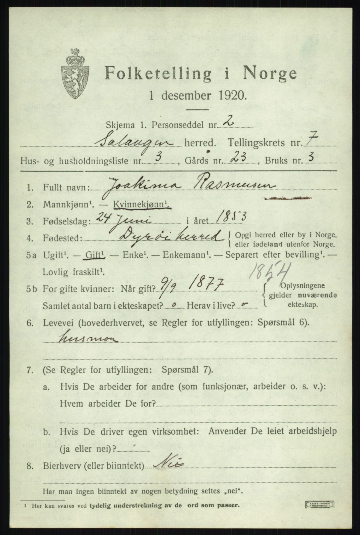 SATØ, 1920 census for Salangen, 1920, p. 4610