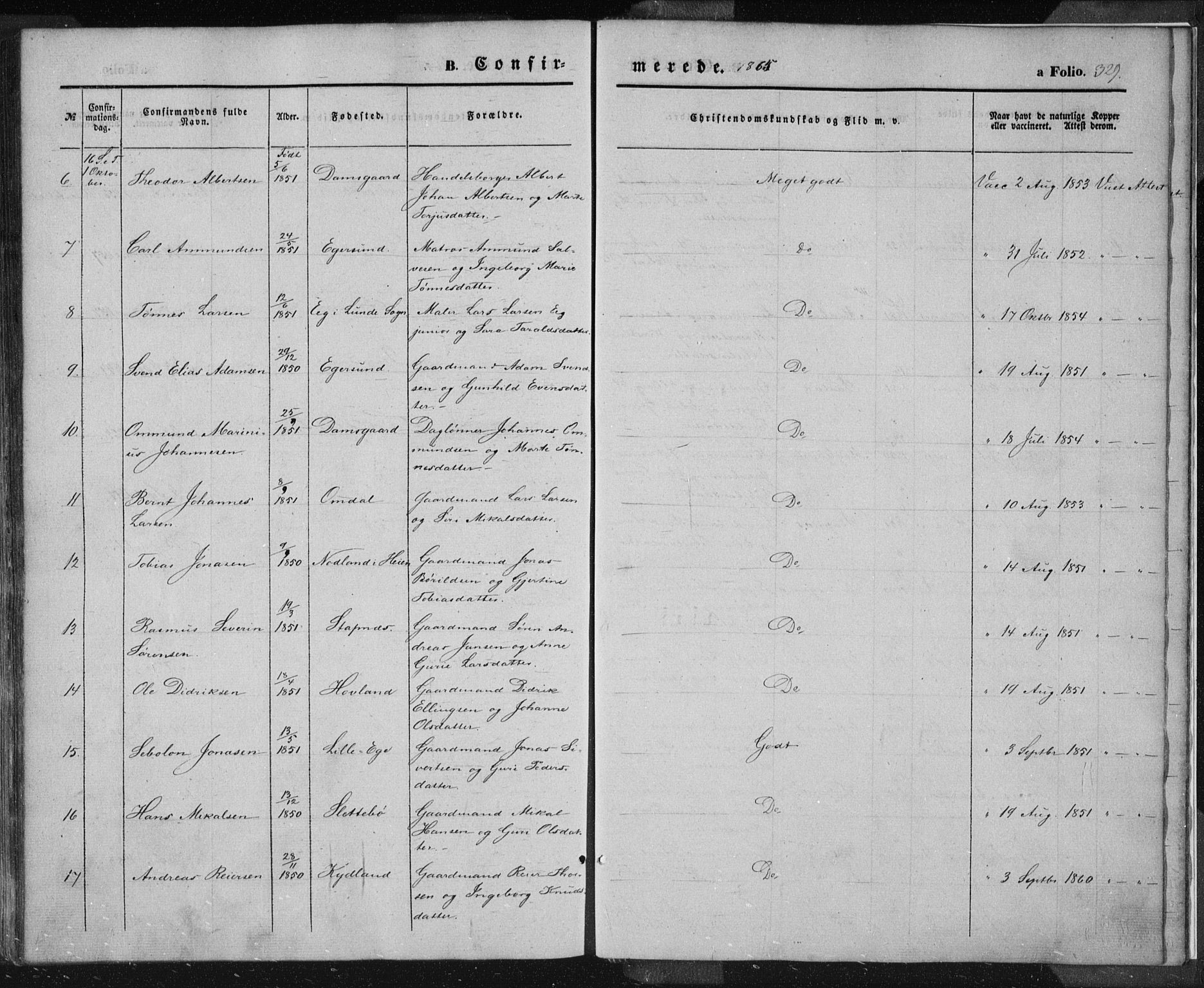 Eigersund sokneprestkontor, SAST/A-101807/S08/L0012: Parish register (official) no. A 12.1, 1850-1865, p. 329