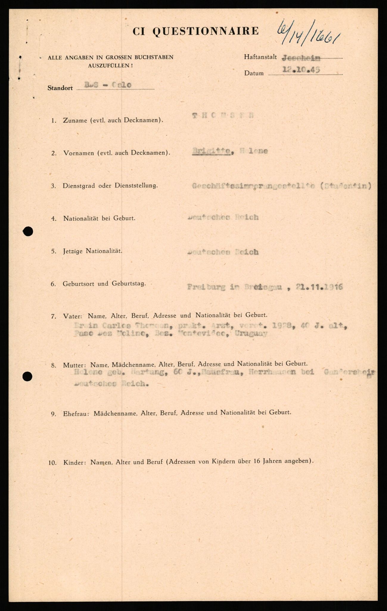 Forsvaret, Forsvarets overkommando II, RA/RAFA-3915/D/Db/L0033: CI Questionaires. Tyske okkupasjonsstyrker i Norge. Tyskere., 1945-1946, p. 488