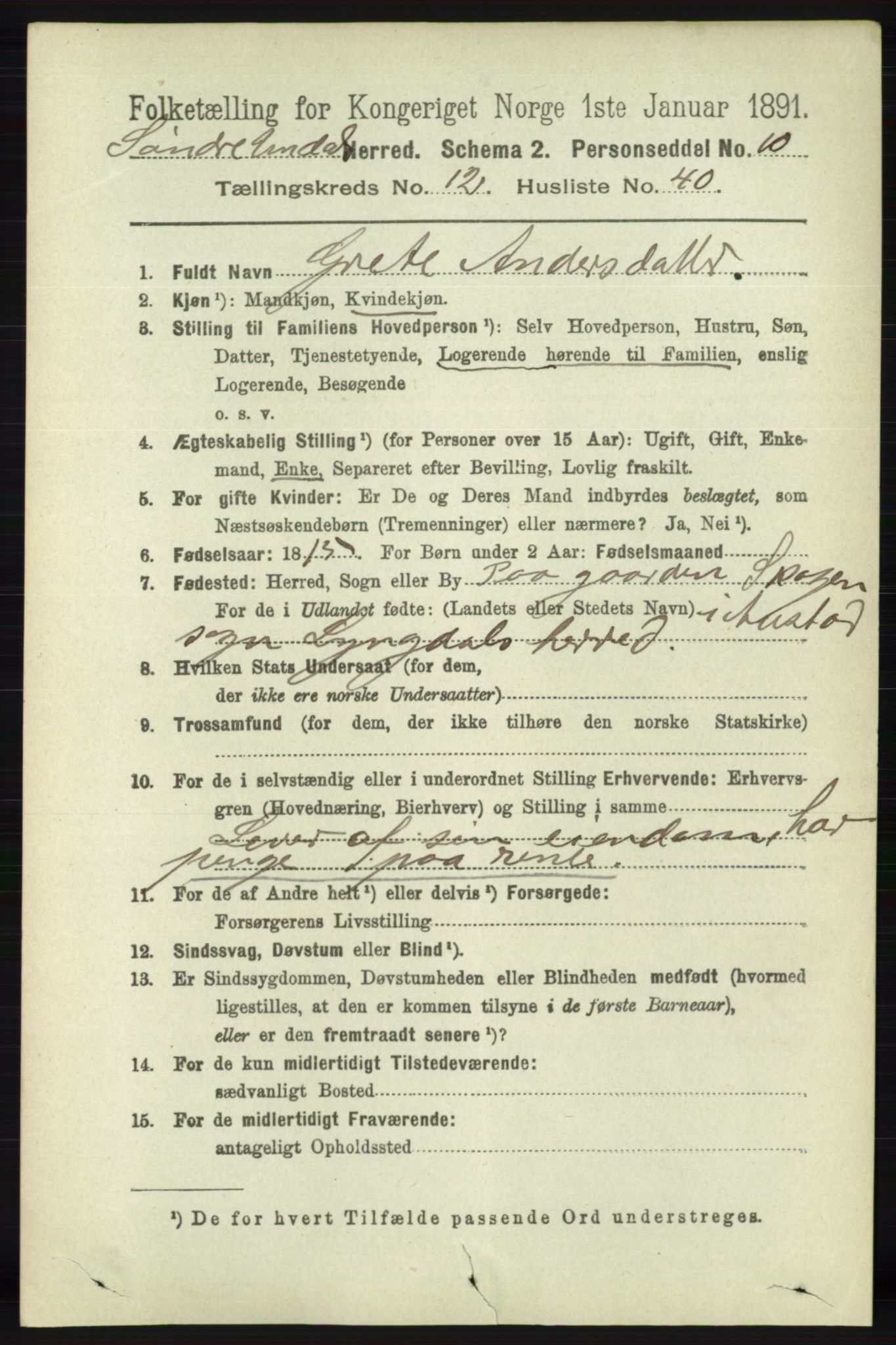 RA, 1891 census for 1029 Sør-Audnedal, 1891, p. 5729