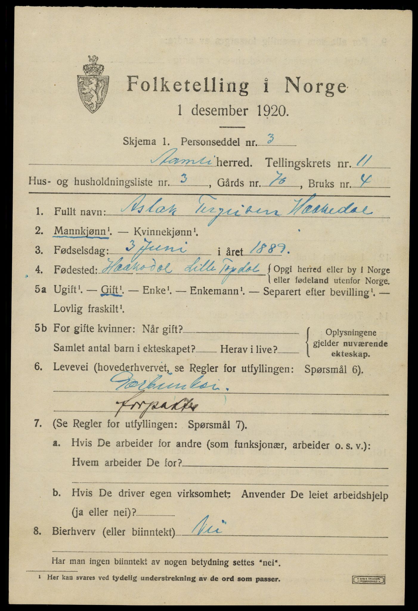 SAK, 1920 census for Åmli, 1920, p. 4227