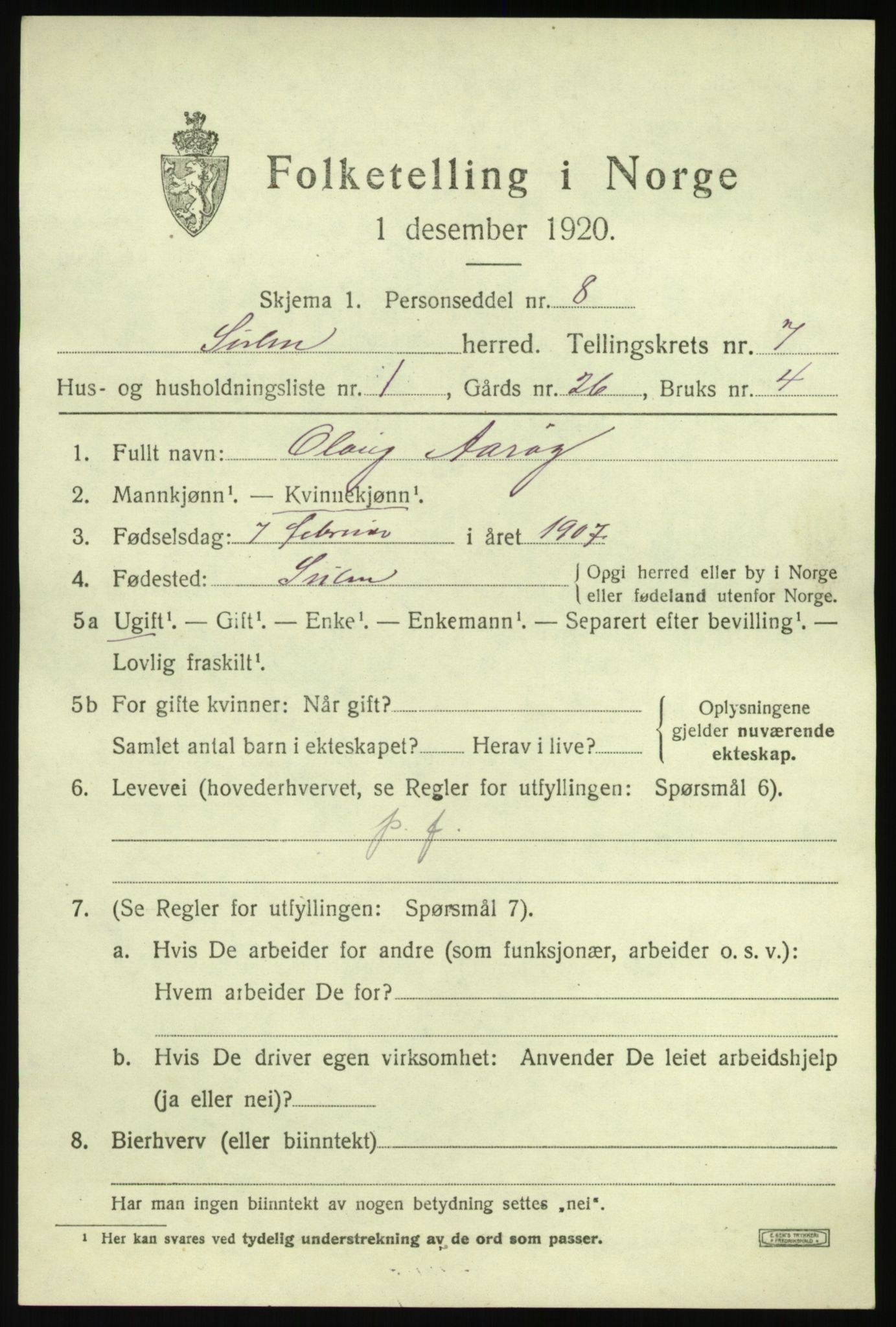 SAB, 1920 census for Solund, 1920, p. 2732