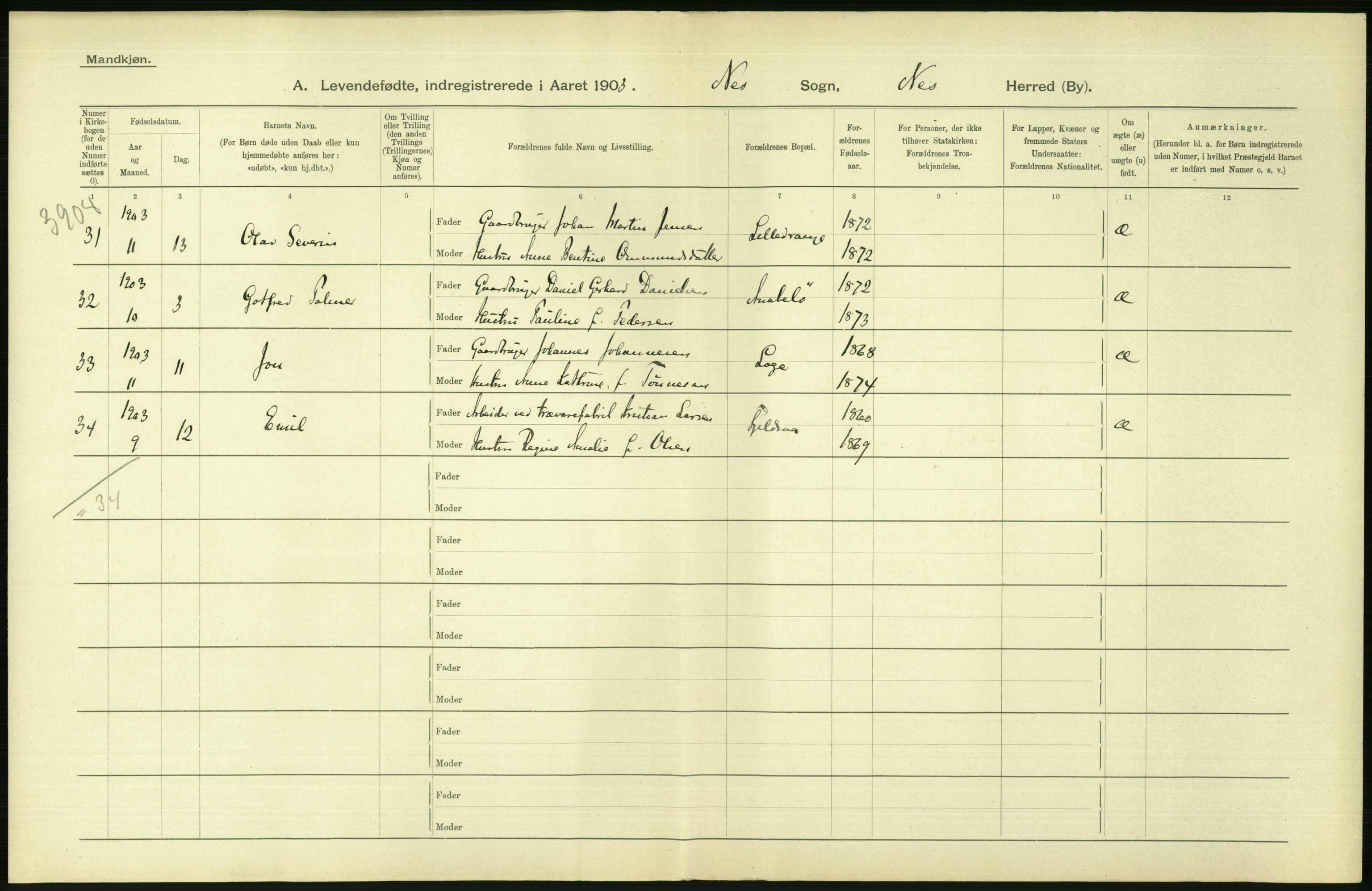 Statistisk sentralbyrå, Sosiodemografiske emner, Befolkning, AV/RA-S-2228/D/Df/Dfa/Dfaa/L0011: Lister og Mandal amt: Fødte, gifte, døde, 1903, p. 22