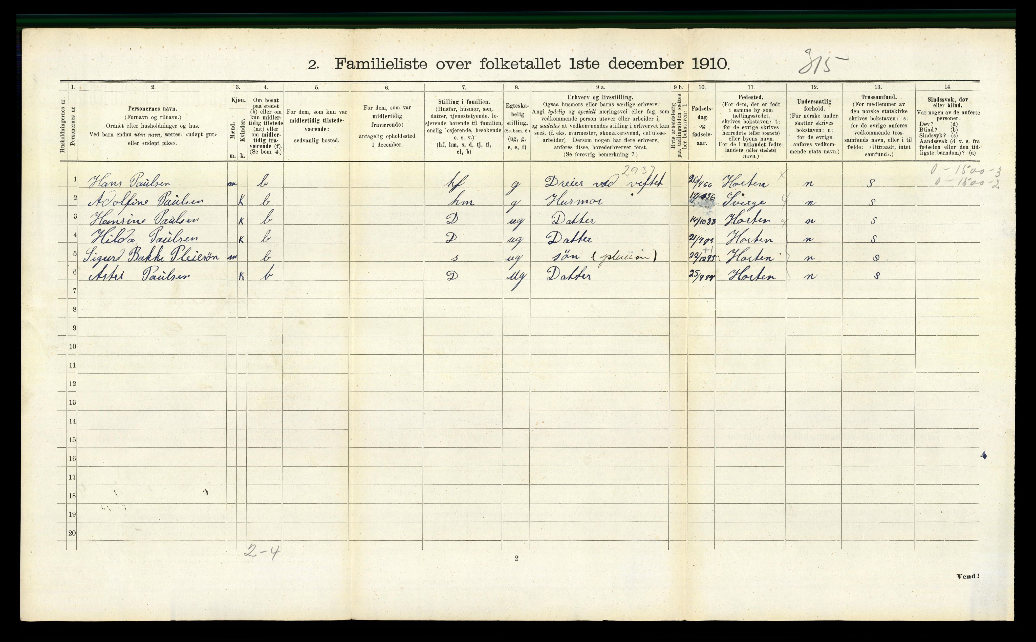 RA, 1910 census for Horten, 1910, p. 1985