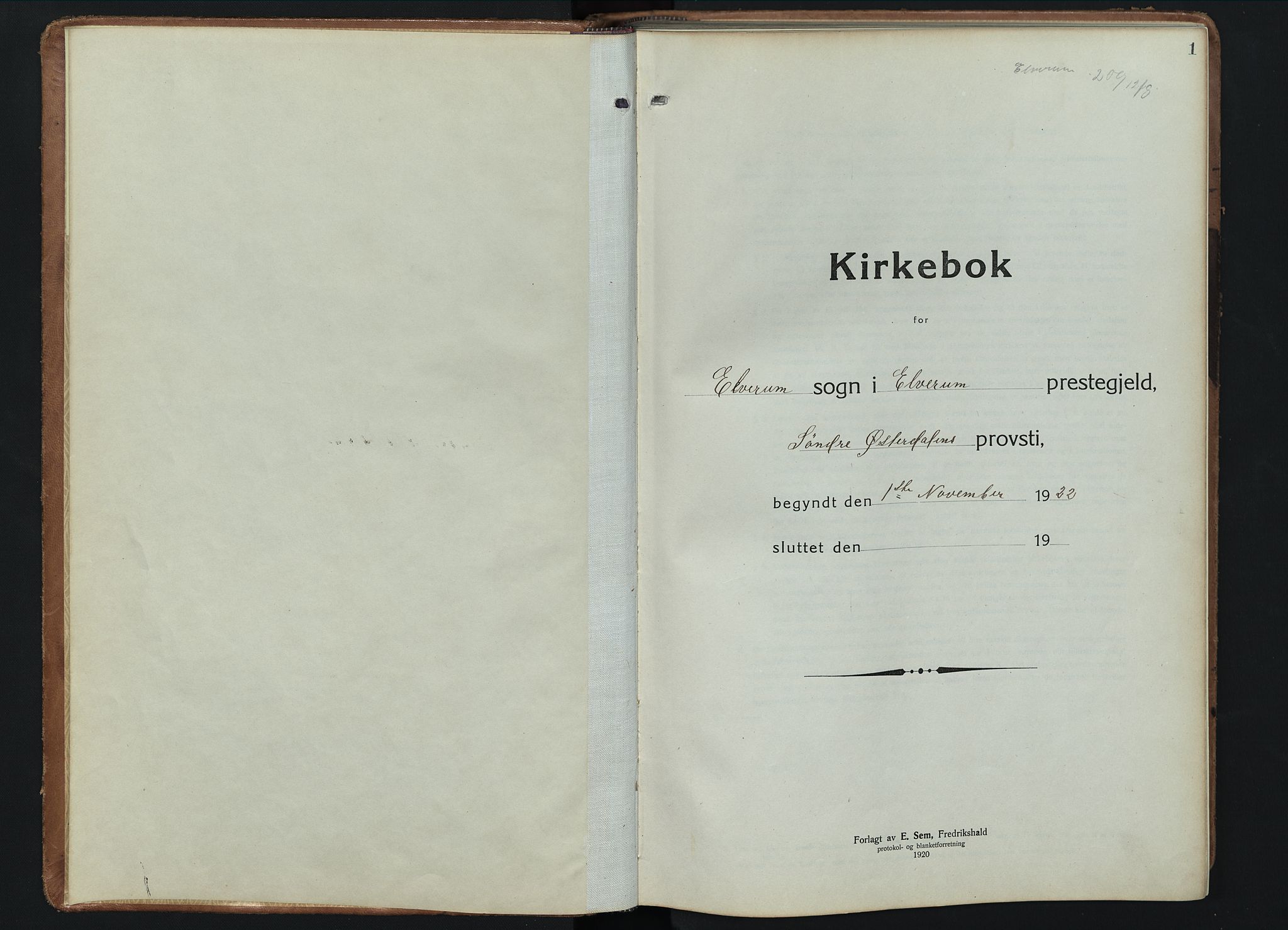 Elverum prestekontor, SAH/PREST-044/H/Ha/Hab/L0015: Parish register (copy) no. 15, 1922-1945, p. 1