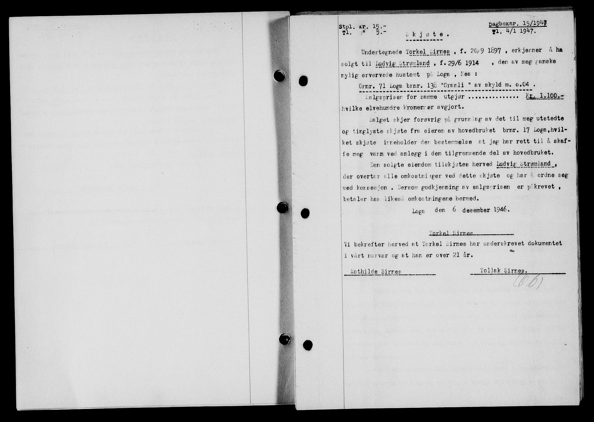 Flekkefjord sorenskriveri, SAK/1221-0001/G/Gb/Gba/L0061: Mortgage book no. A-9, 1946-1947, Diary no: : 15/1947