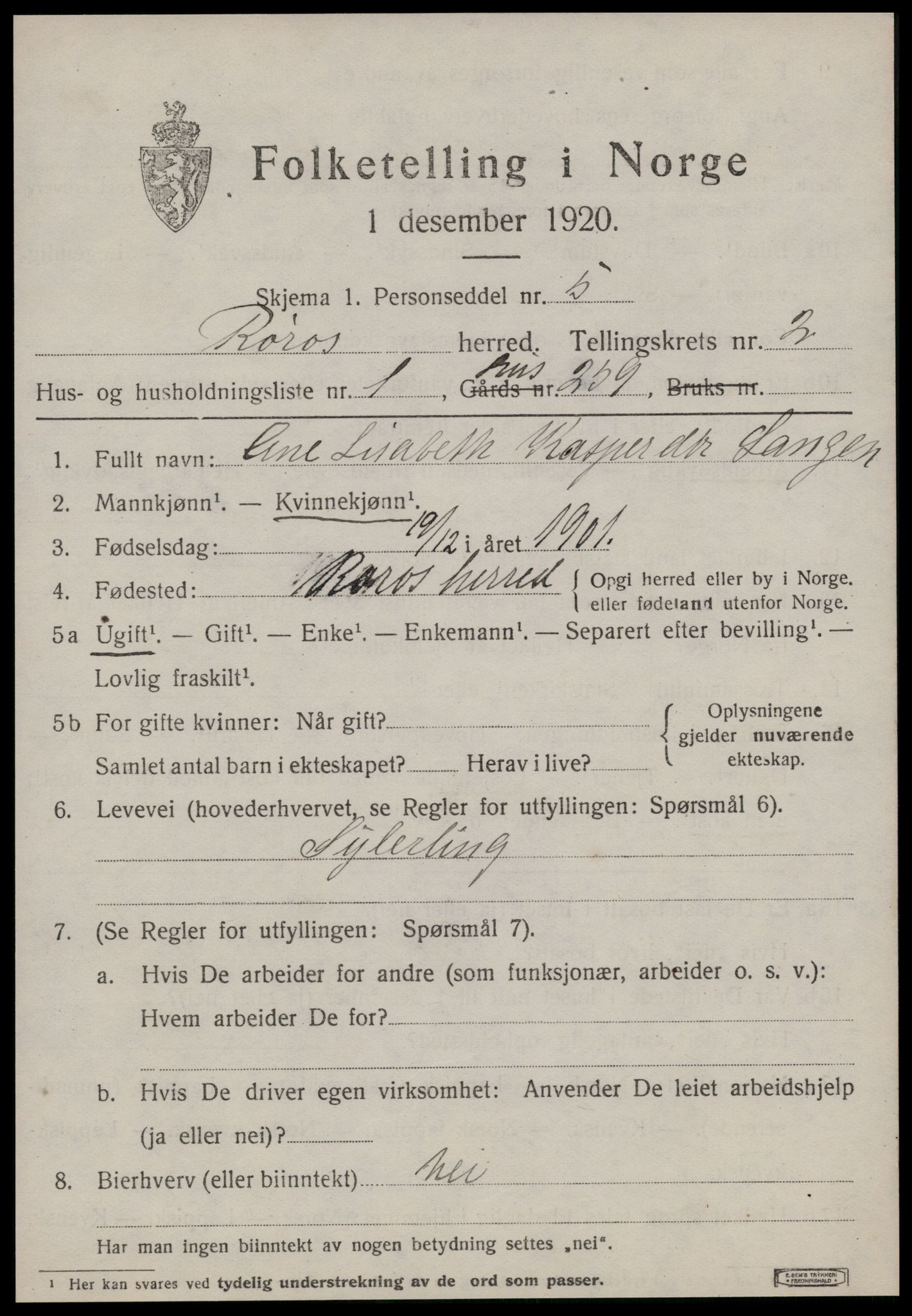 SAT, 1920 census for Røros, 1920, p. 2752