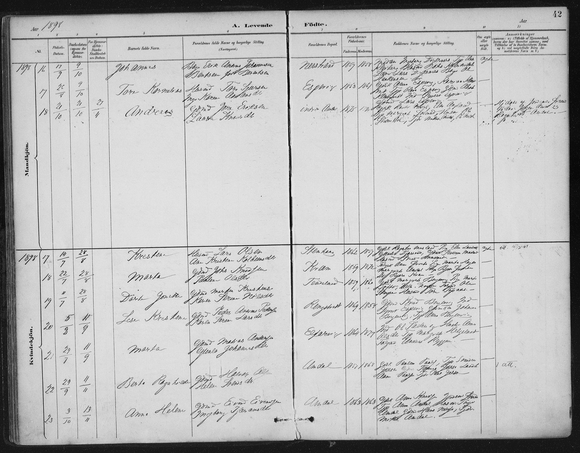 Nedstrand sokneprestkontor, AV/SAST-A-101841/01/IV: Parish register (official) no. A 12, 1887-1915, p. 42