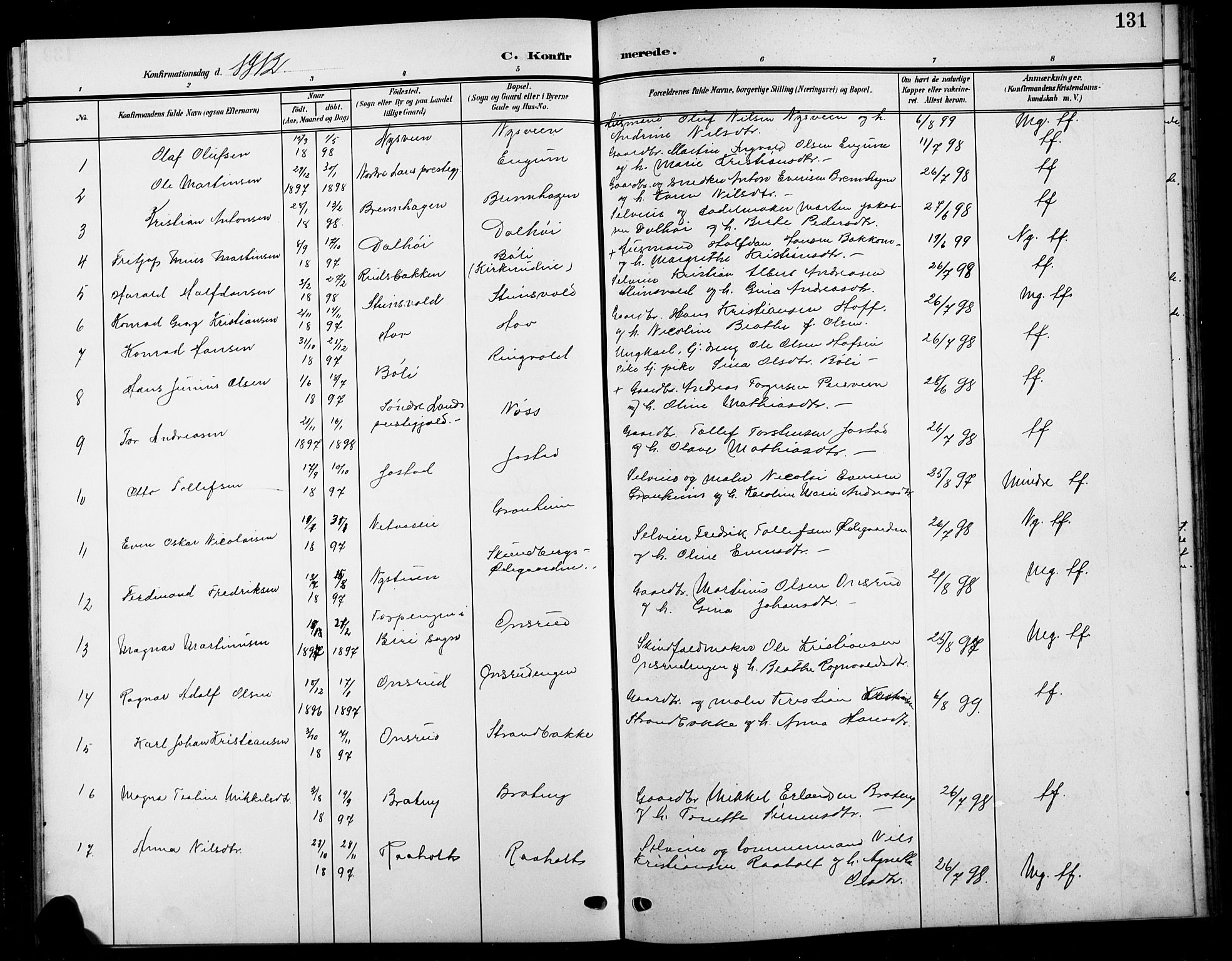 Biri prestekontor, AV/SAH-PREST-096/H/Ha/Hab/L0005: Parish register (copy) no. 5, 1906-1919, p. 131