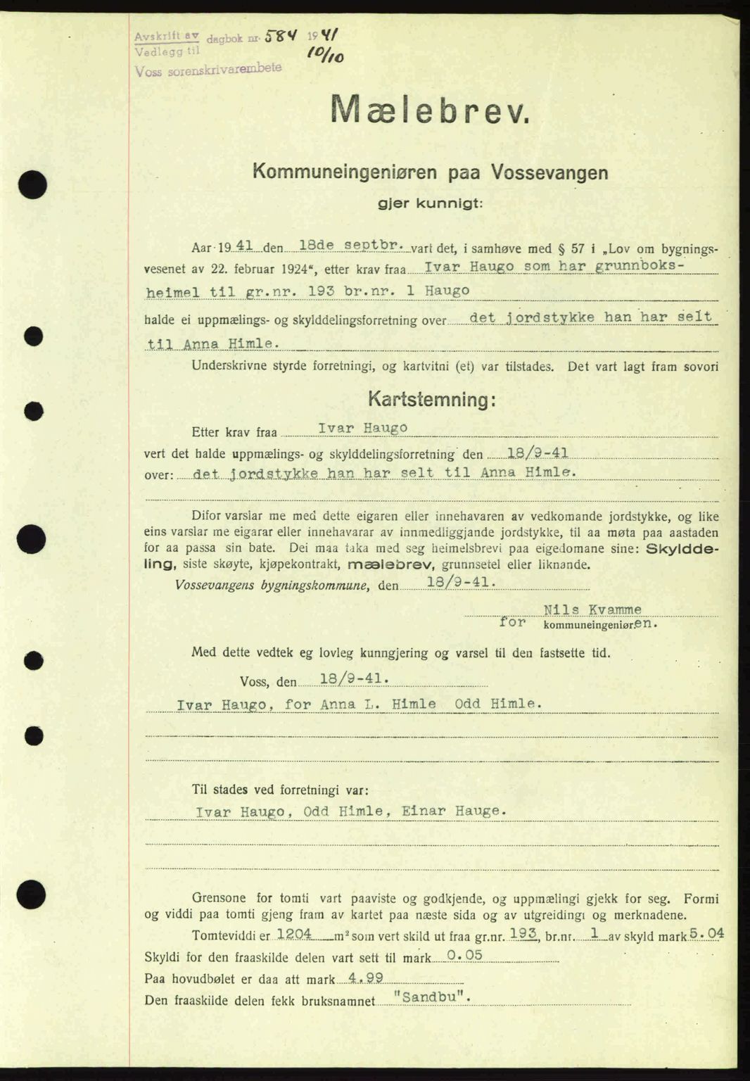 Voss sorenskrivar, AV/SAB-A-2701/G/Ga/Gac/L0005: Mortgage book no. A28, 1941-1942, Diary no: : 584/1941