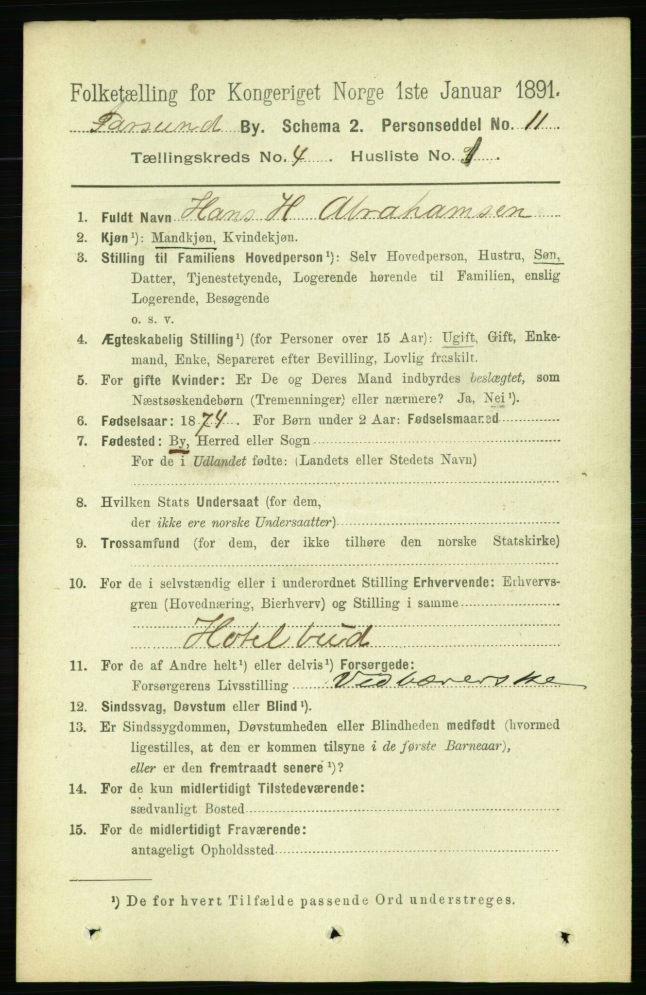 RA, 1891 census for 1003 Farsund, 1891, p. 1657