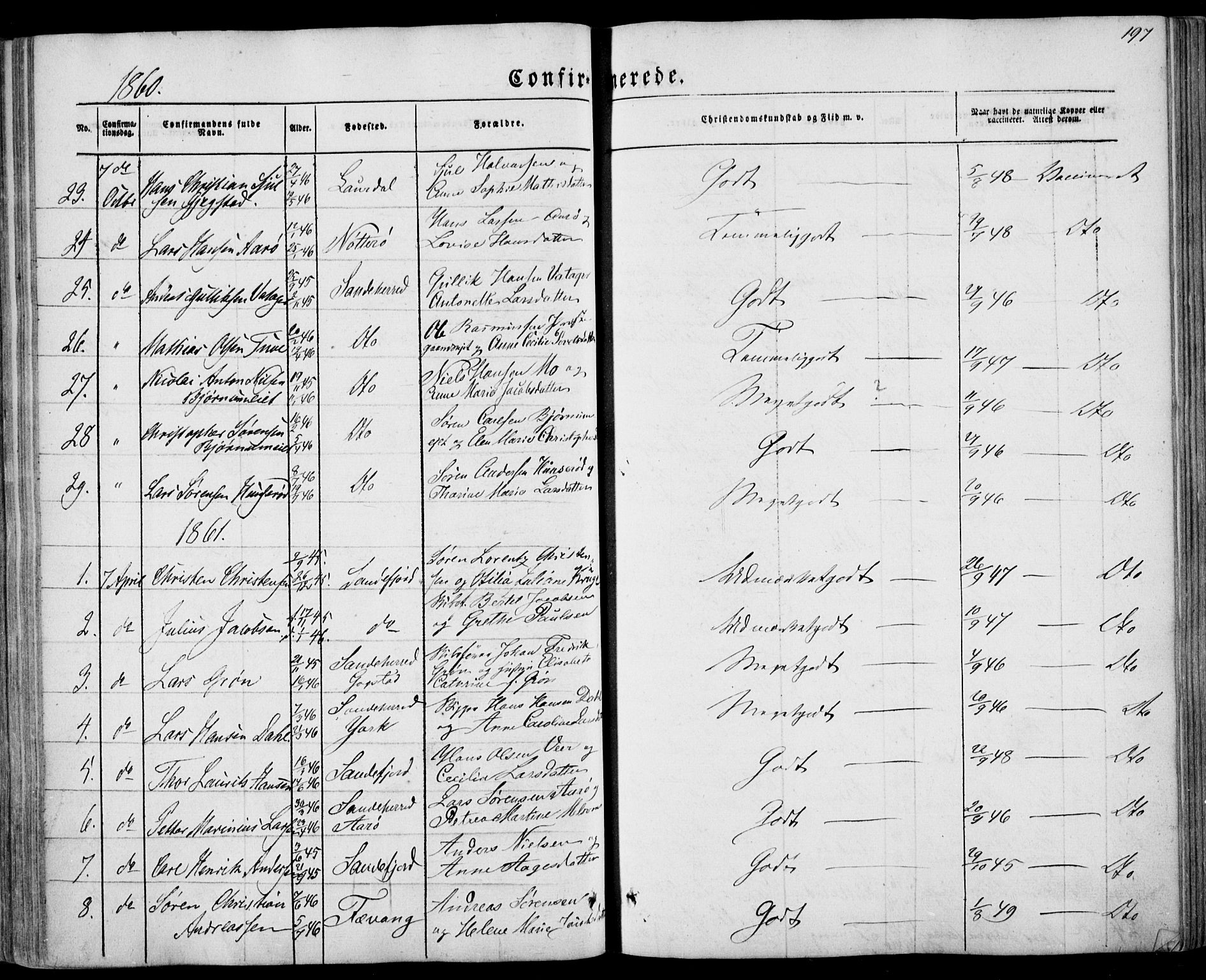 Sandar kirkebøker, SAKO/A-243/F/Fa/L0007: Parish register (official) no. 7, 1855-1861, p. 197