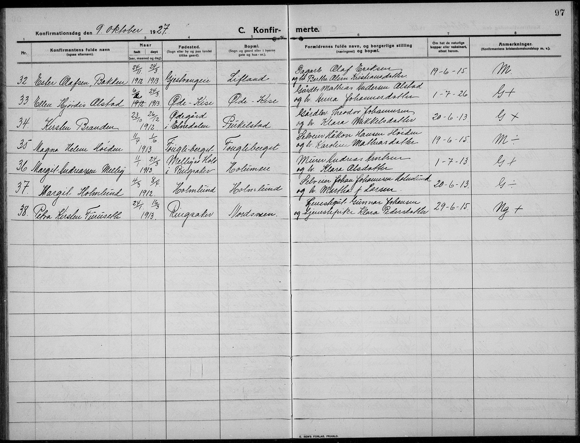 Nes prestekontor, Hedmark, AV/SAH-PREST-020/L/La/L0009: Parish register (copy) no. 9, 1913-1936, p. 97