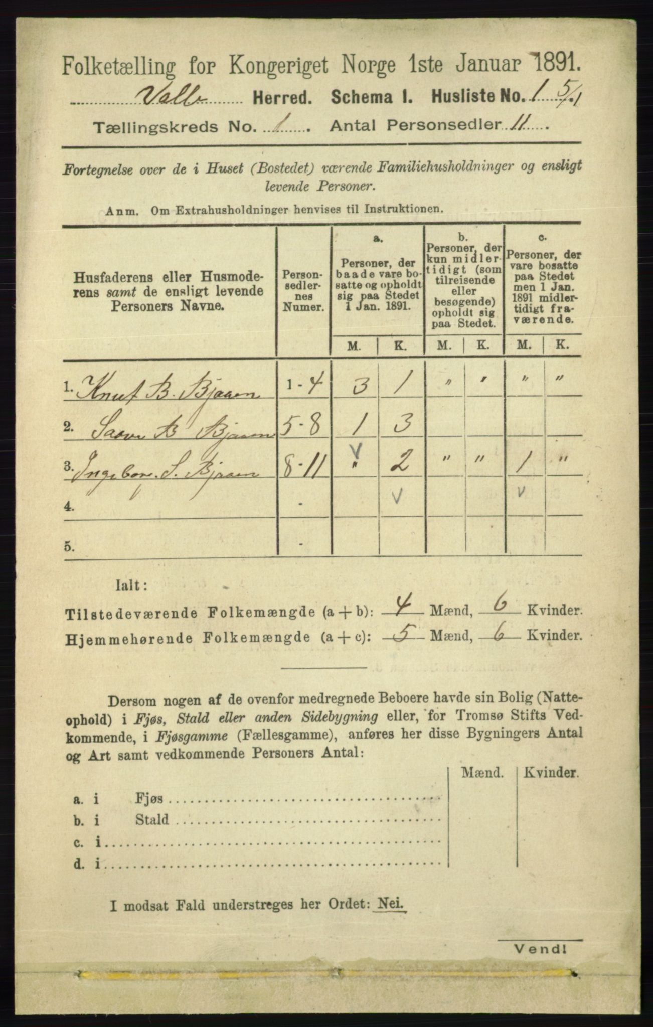 RA, 1891 census for 0940 Valle, 1891, p. 25