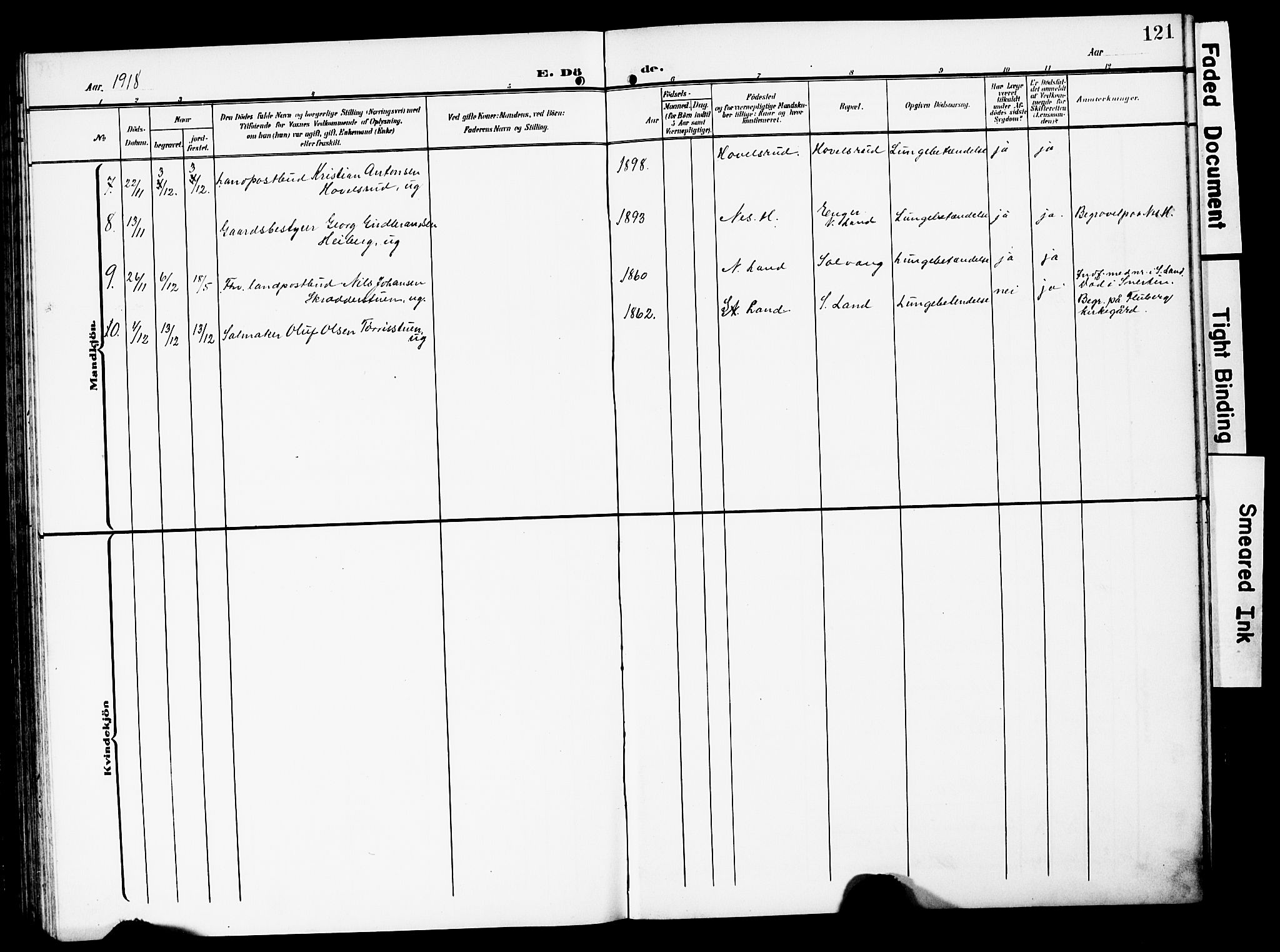 Nordre Land prestekontor, SAH/PREST-124/H/Ha/Hab/L0001: Parish register (copy) no. 1, 1908-1931, p. 121