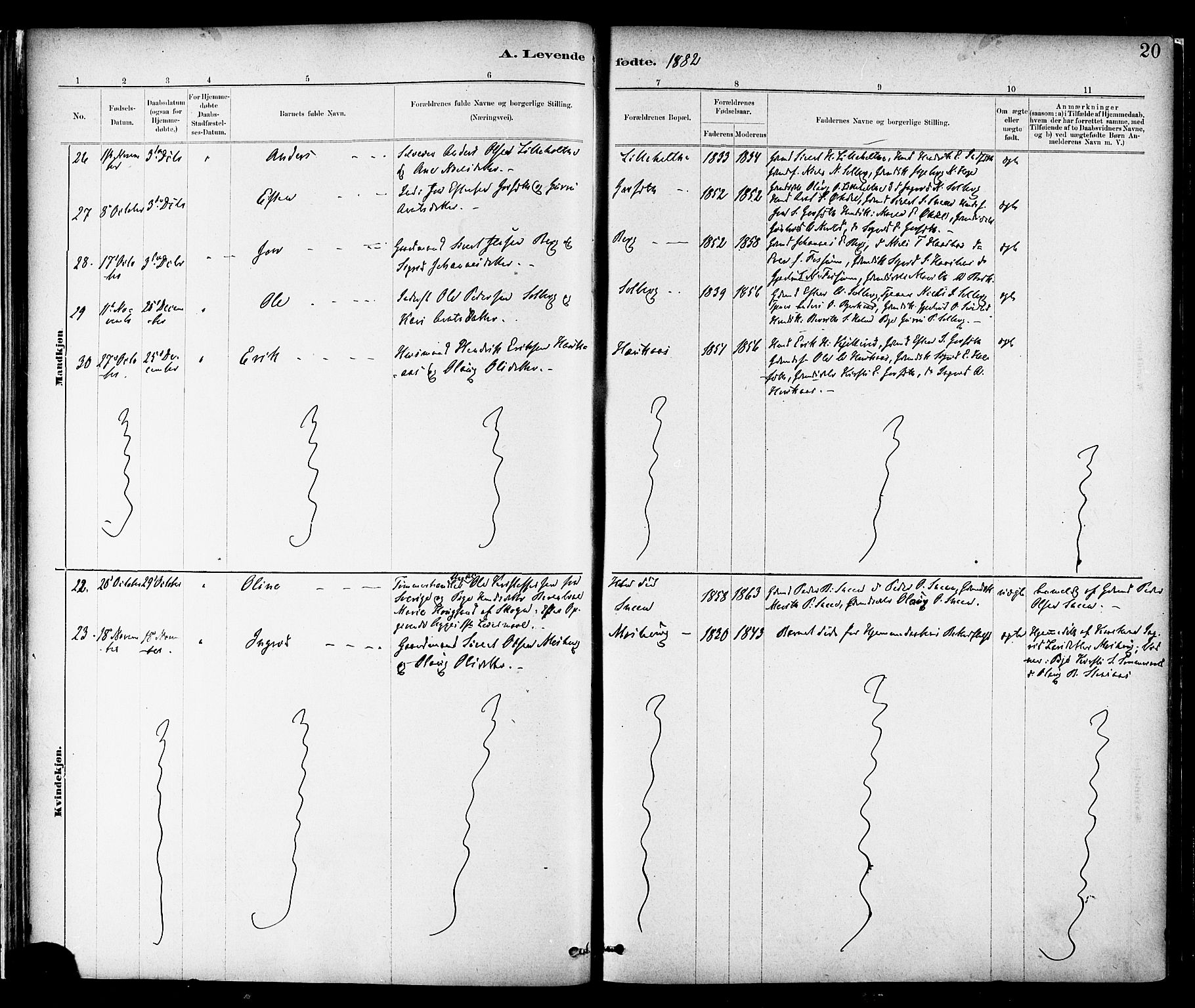 Ministerialprotokoller, klokkerbøker og fødselsregistre - Sør-Trøndelag, AV/SAT-A-1456/689/L1040: Parish register (official) no. 689A05, 1878-1890, p. 20