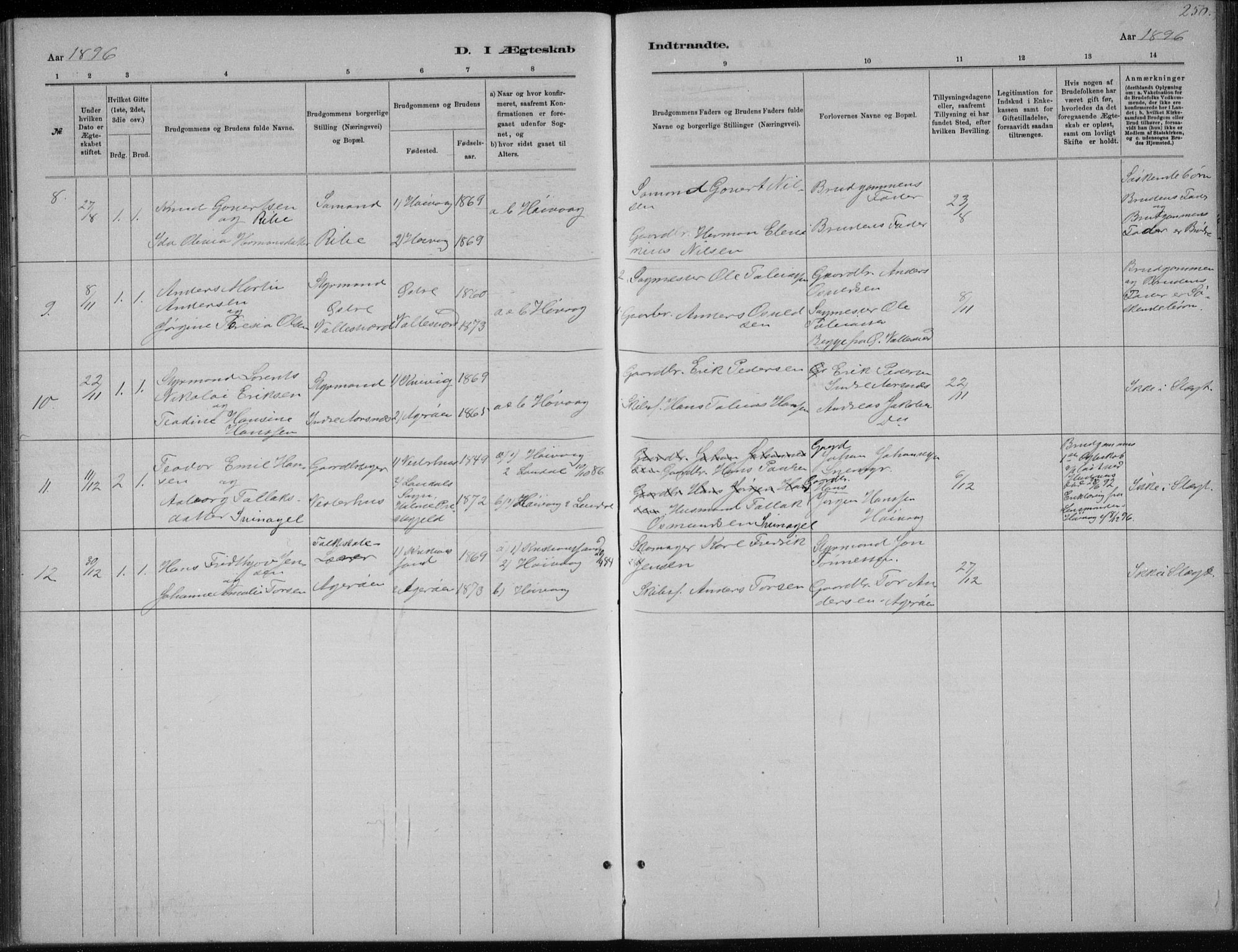 Høvåg sokneprestkontor, SAK/1111-0025/F/Fb/L0004: Parish register (copy) no. B 4, 1883-1898, p. 250