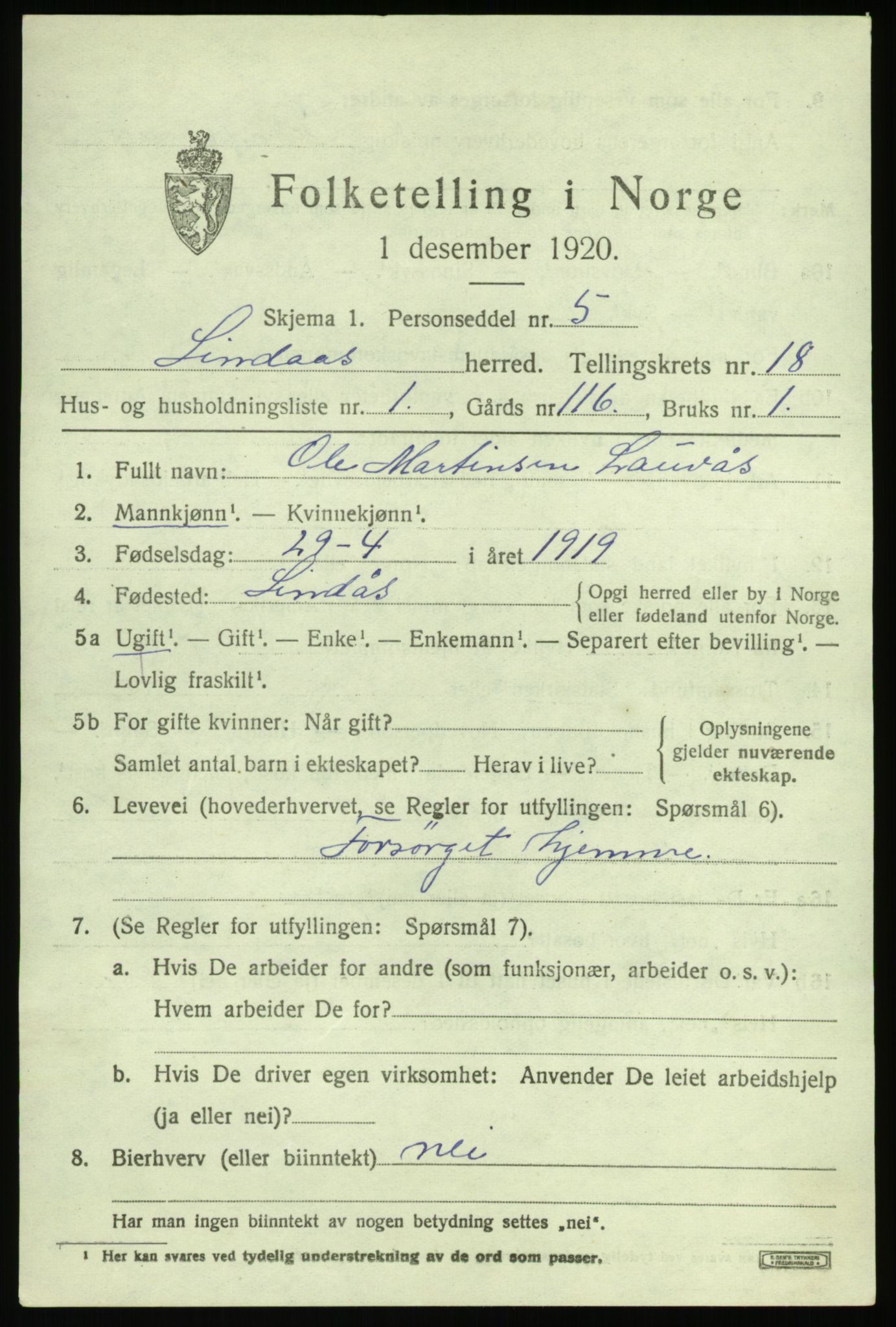 SAB, 1920 census for Lindås, 1920, p. 9313