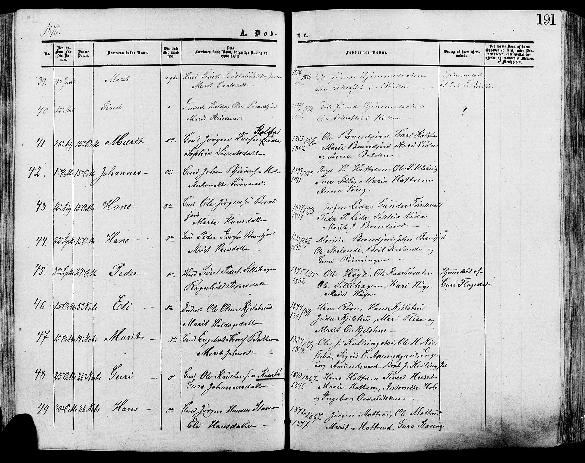 Lesja prestekontor, SAH/PREST-068/H/Ha/Haa/L0008: Parish register (official) no. 8, 1854-1880, p. 191