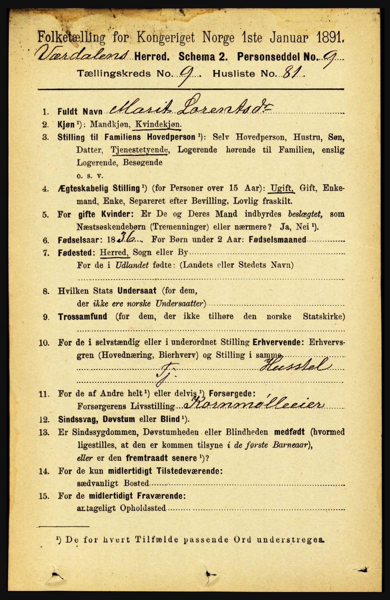 RA, 1891 census for 1721 Verdal, 1891, p. 5525