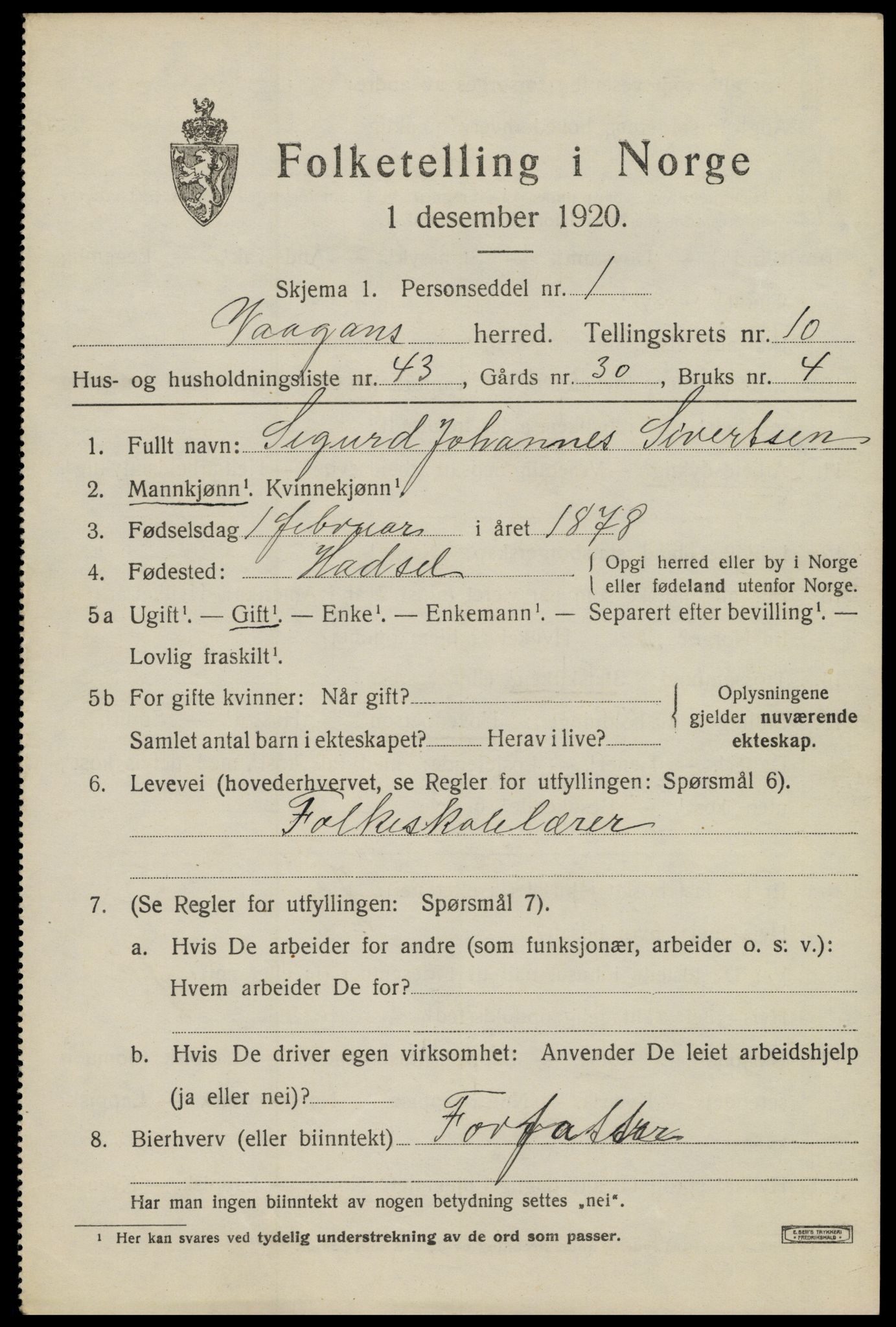 SAT, 1920 census for Vågan, 1920, p. 9371