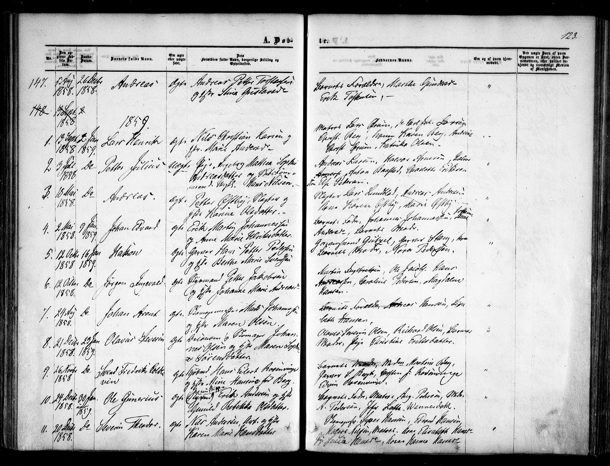 Halden prestekontor Kirkebøker, SAO/A-10909/F/Fa/L0007: Parish register (official) no. I 7, 1857-1865, p. 123