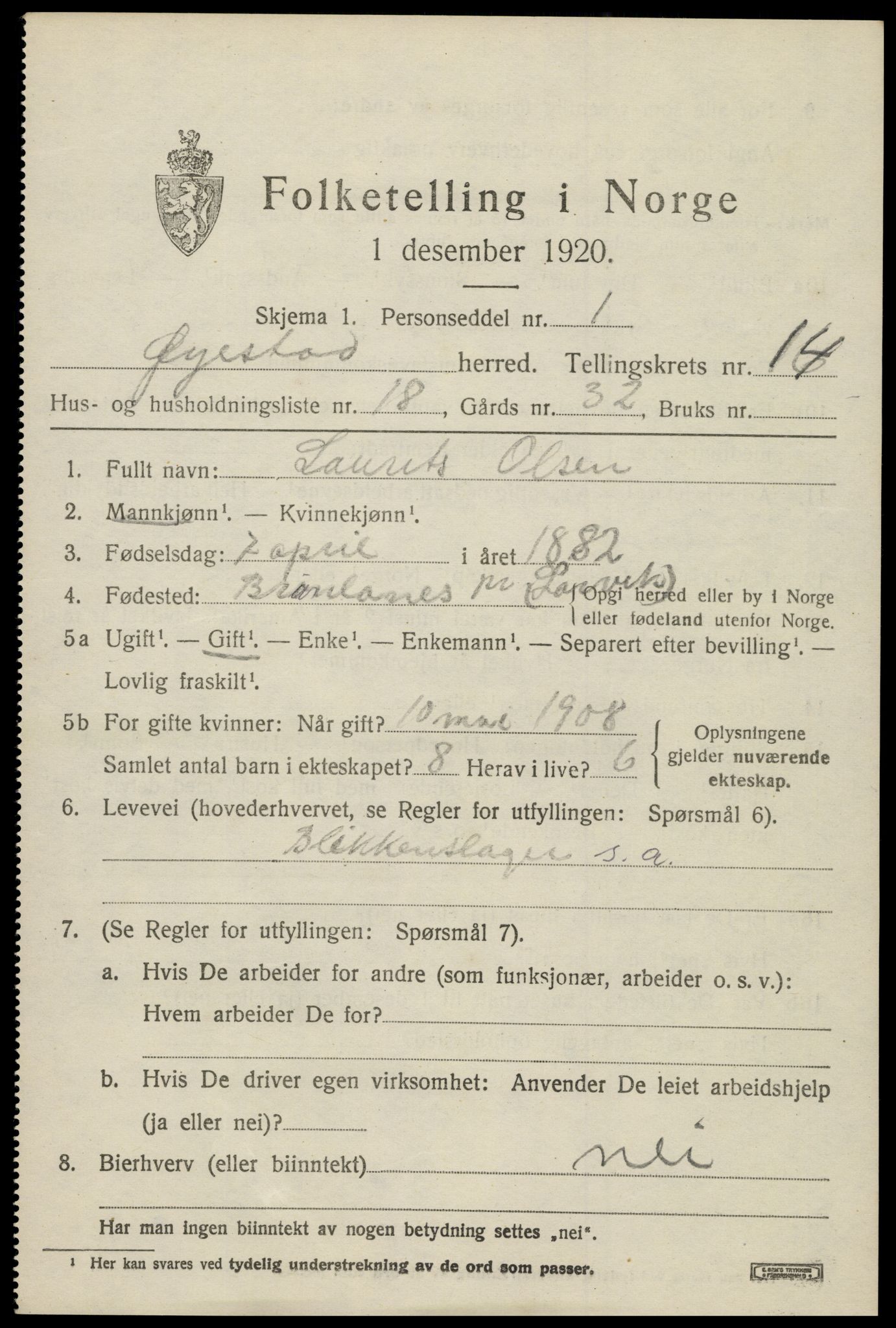 SAK, 1920 census for Øyestad, 1920, p. 9406