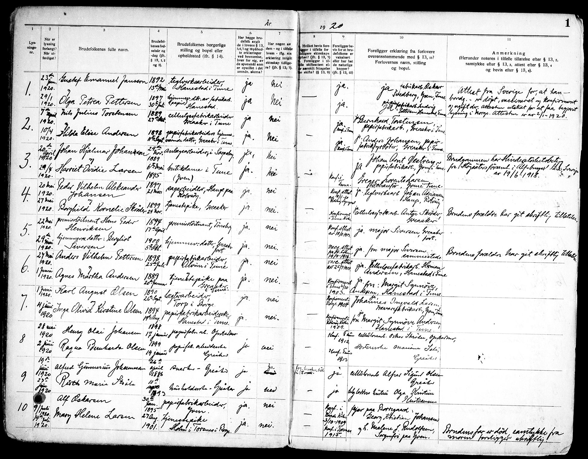 Tune prestekontor Kirkebøker, SAO/A-2007/H/Hb/L0001: Banns register no. II 1, 1920-1951, p. 1