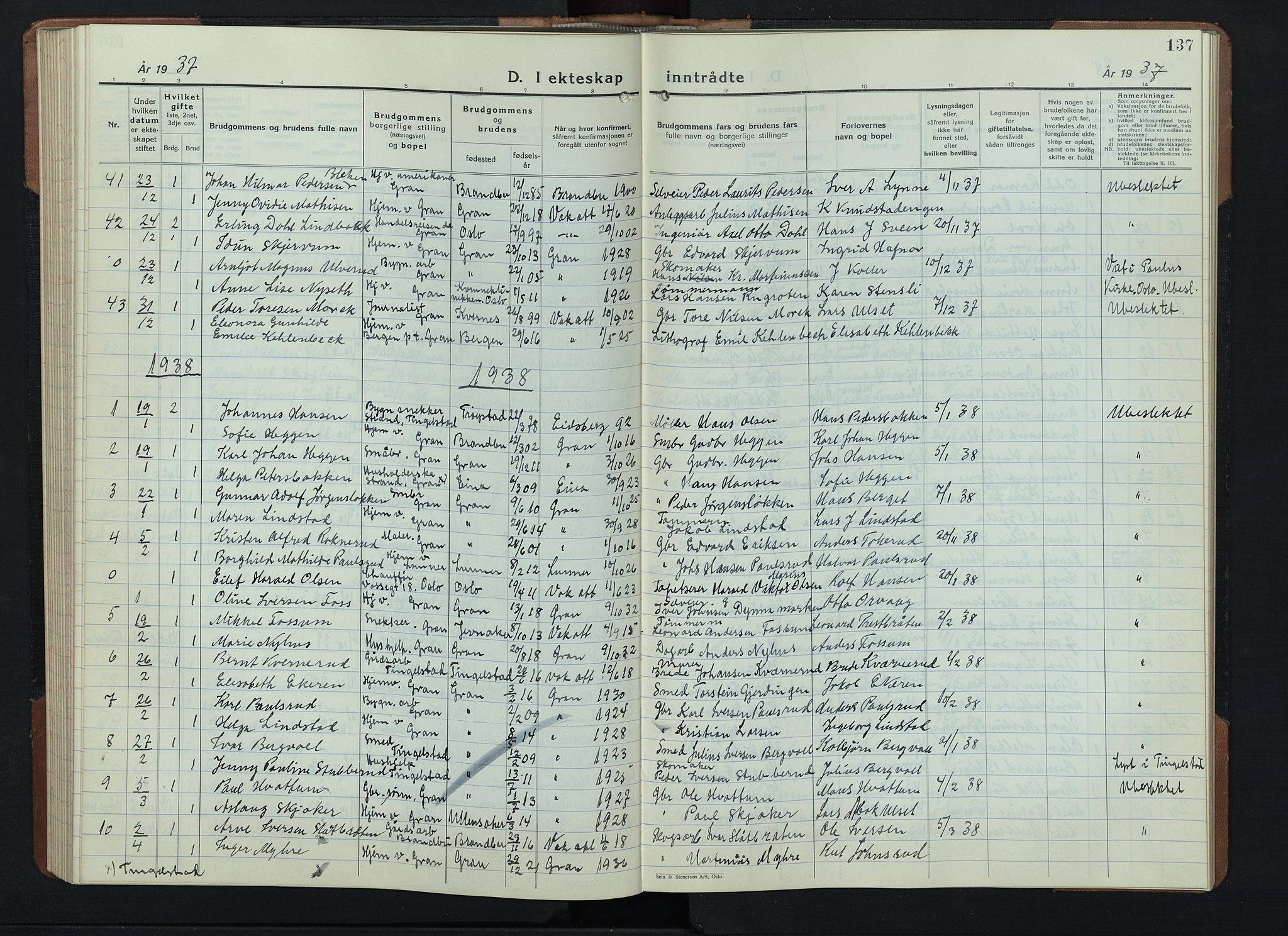 Gran prestekontor, SAH/PREST-112/H/Ha/Hab/L0009: Parish register (copy) no. 9, 1933-1950, p. 137