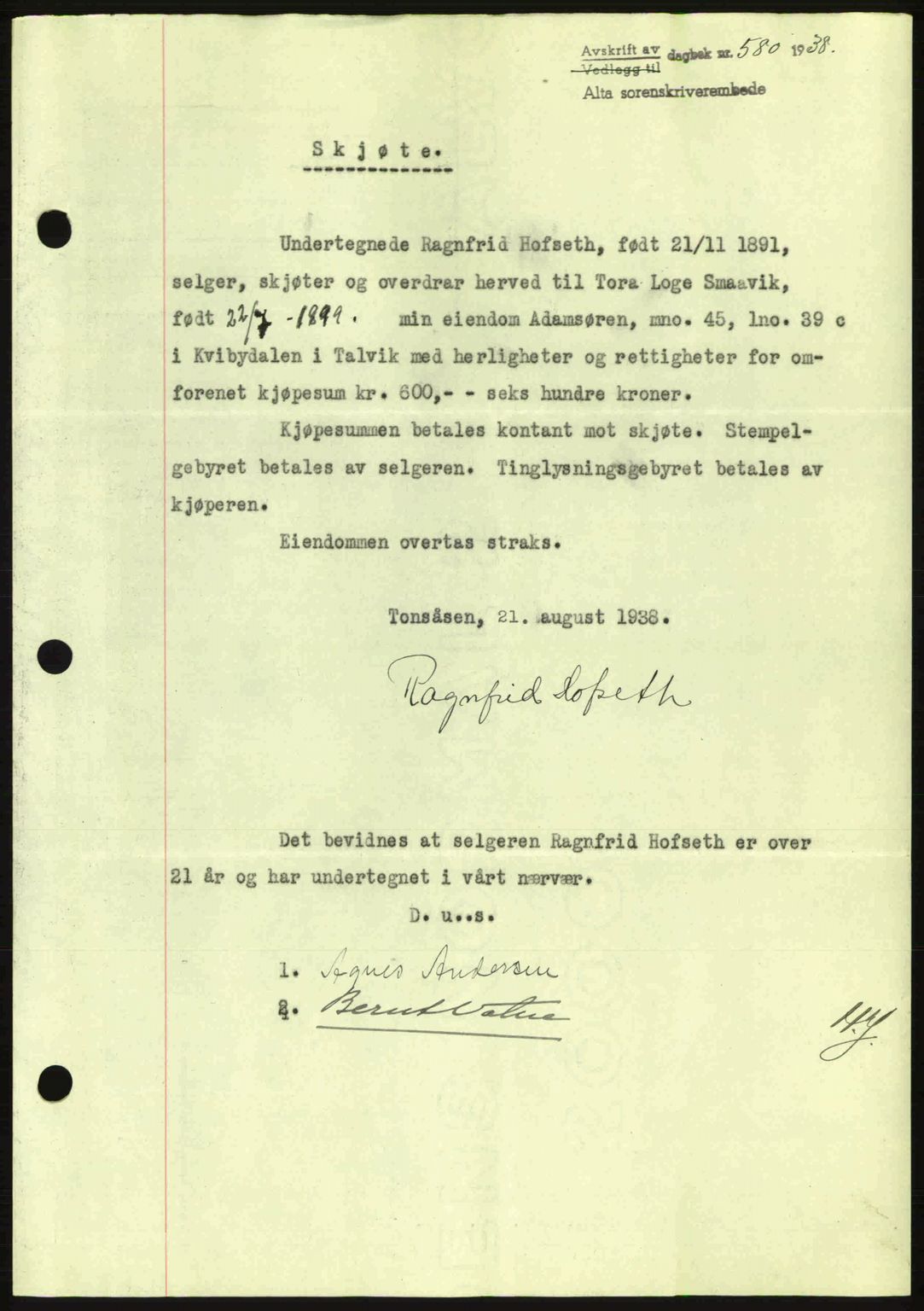 Alta fogderi/sorenskriveri, SATØ/SATØ-5/1/K/Kd/L0031pantebok: Mortgage book no. 31, 1938-1939, Diary no: : 580/1938