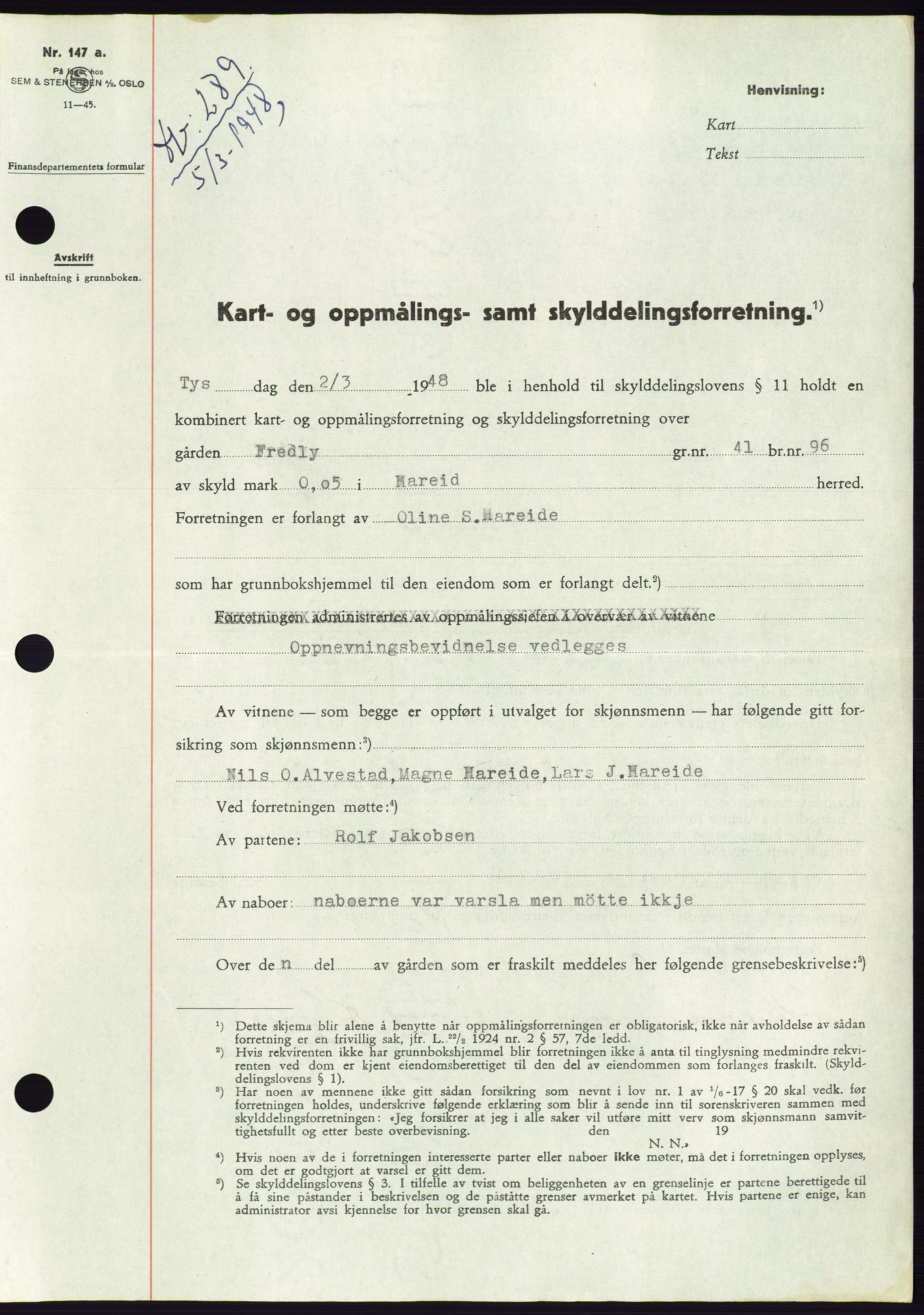 Søre Sunnmøre sorenskriveri, AV/SAT-A-4122/1/2/2C/L0082: Mortgage book no. 8A, 1948-1948, Diary no: : 289/1948