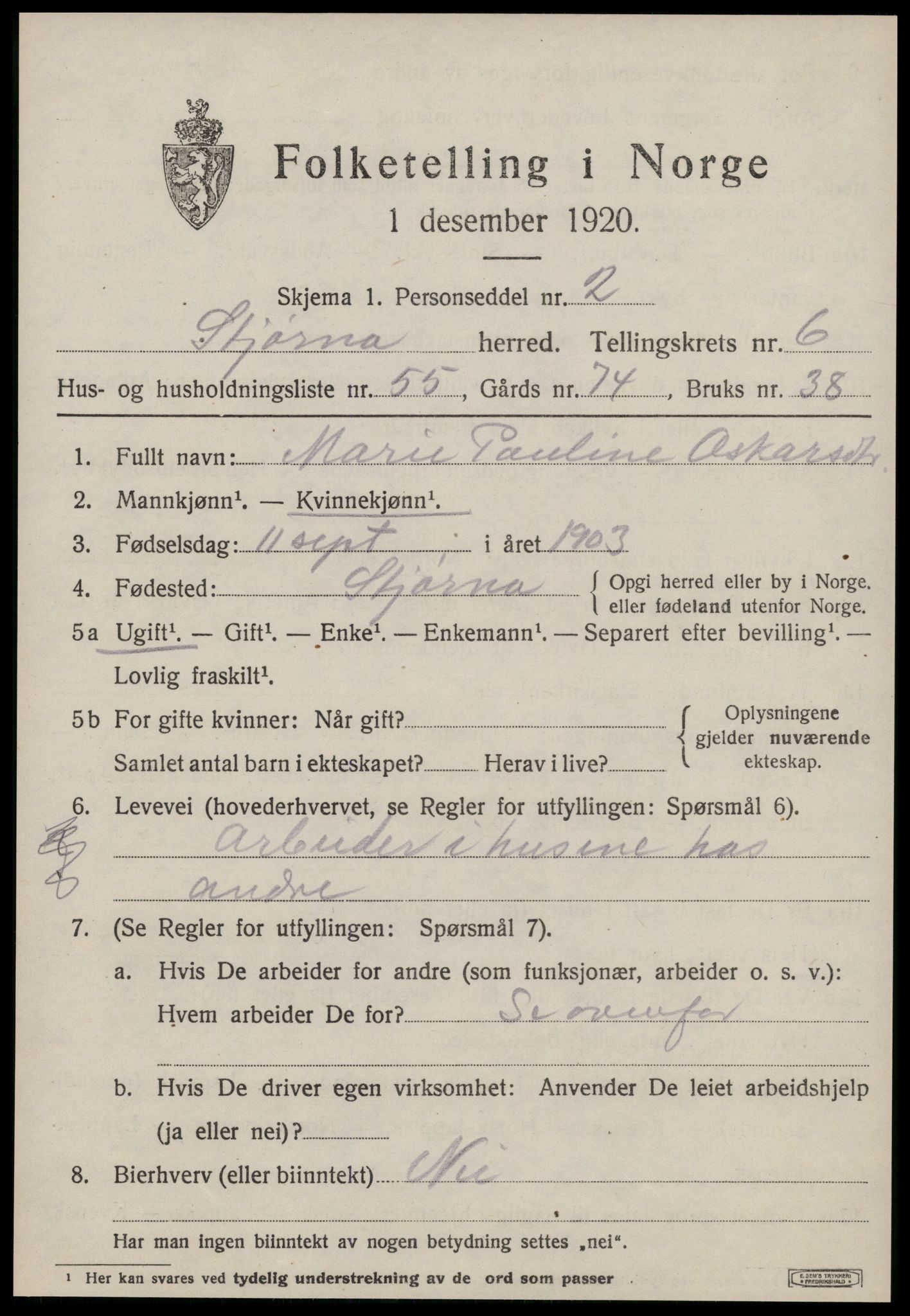 SAT, 1920 census for Stjørna, 1920, p. 5154