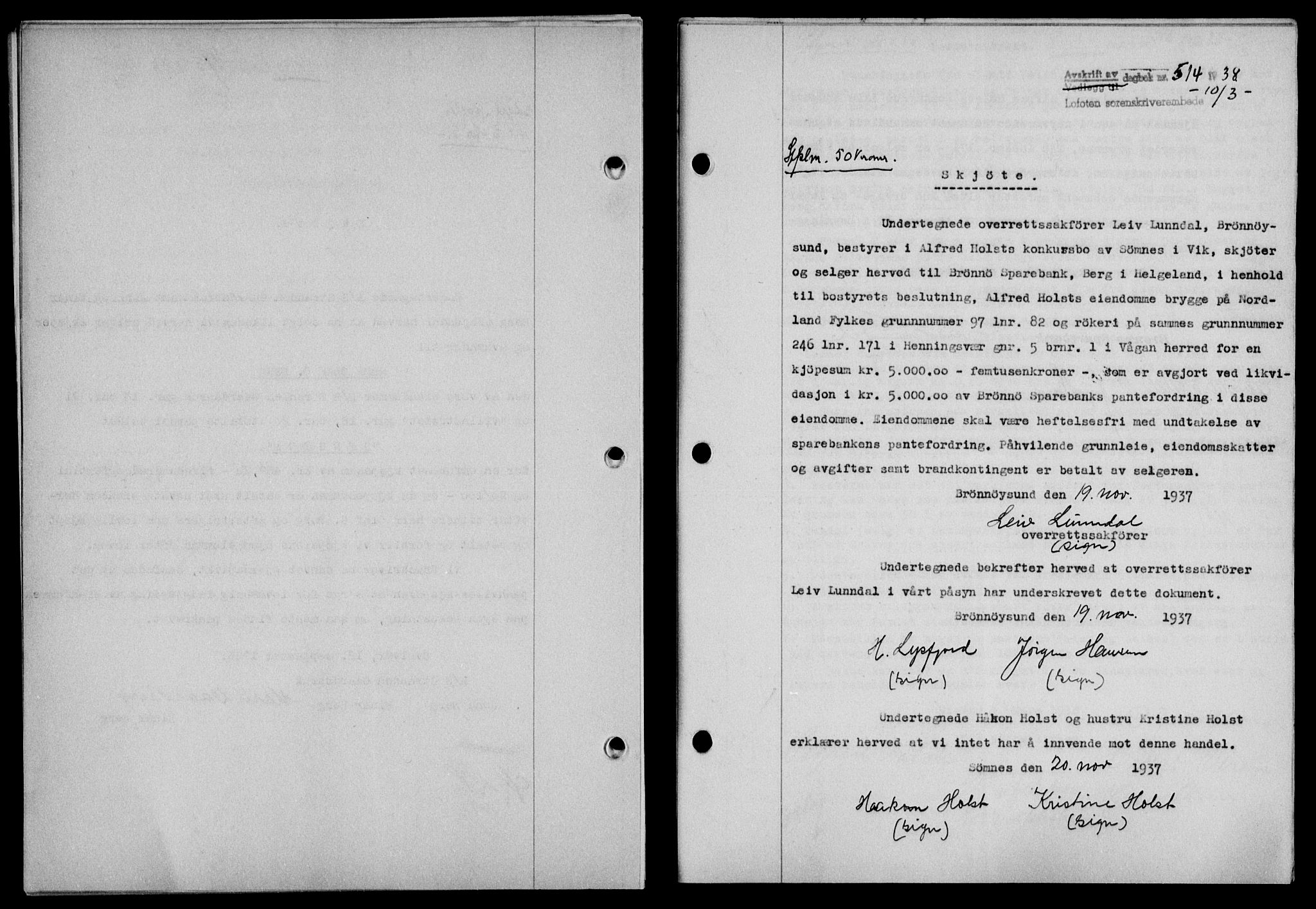 Lofoten sorenskriveri, SAT/A-0017/1/2/2C/L0003a: Mortgage book no. 3a, 1937-1938, Diary no: : 514/1938