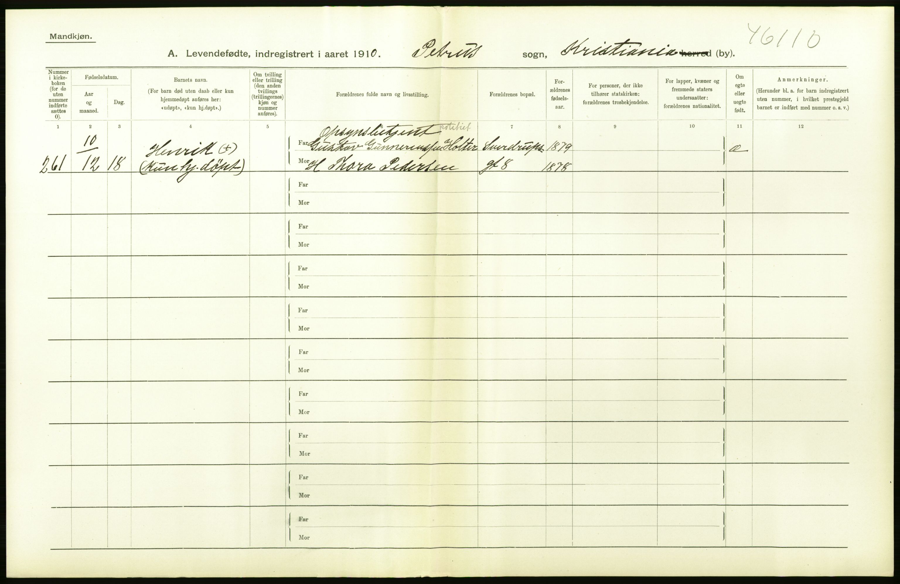 Statistisk sentralbyrå, Sosiodemografiske emner, Befolkning, RA/S-2228/D/Df/Dfa/Dfah/L0006: Kristiania: Levendefødte menn., 1910, p. 366